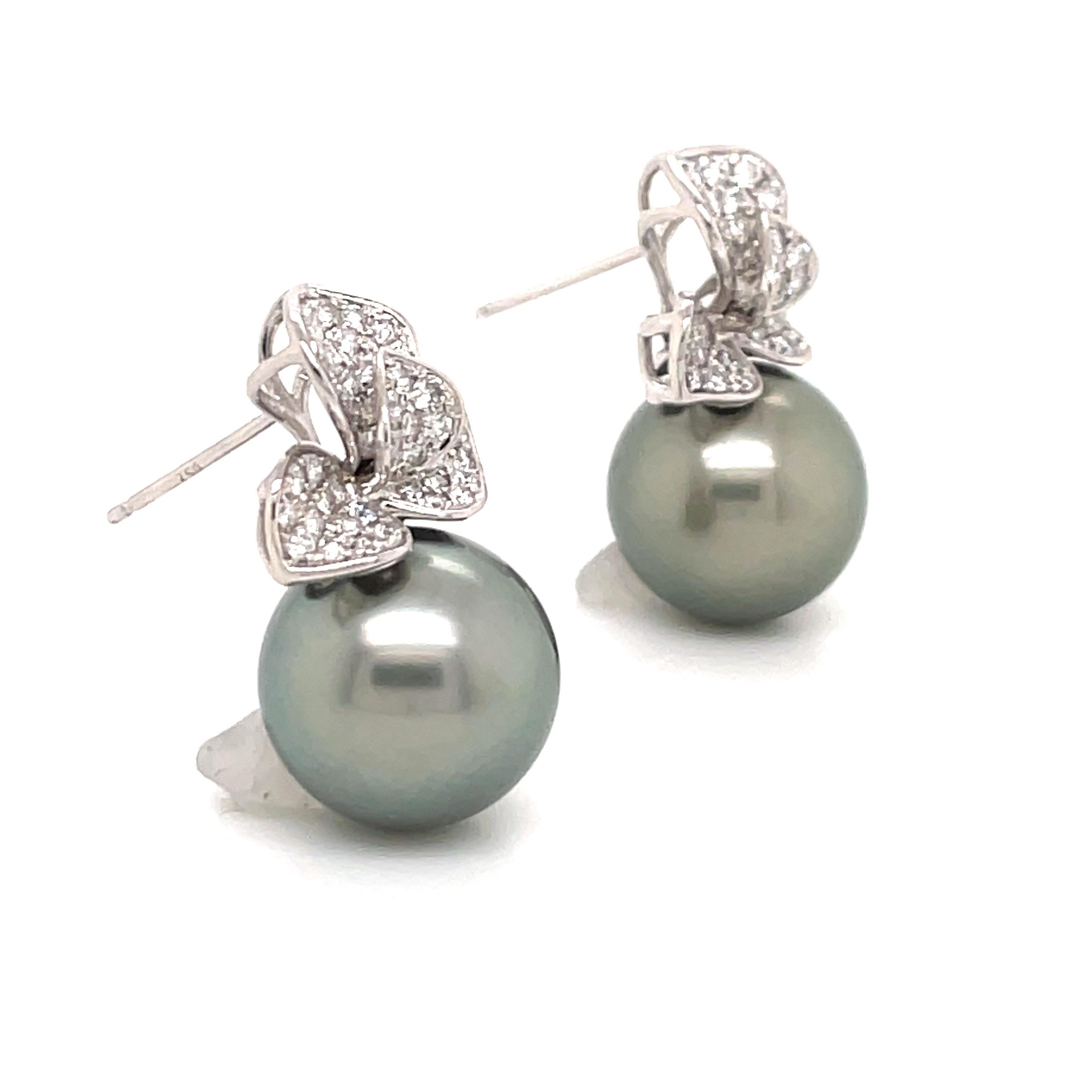 Round Cut Diamond Petal Floral South Sea Pearl Drop Earrings 0.98 Carat 13-14 MM 18KT  For Sale