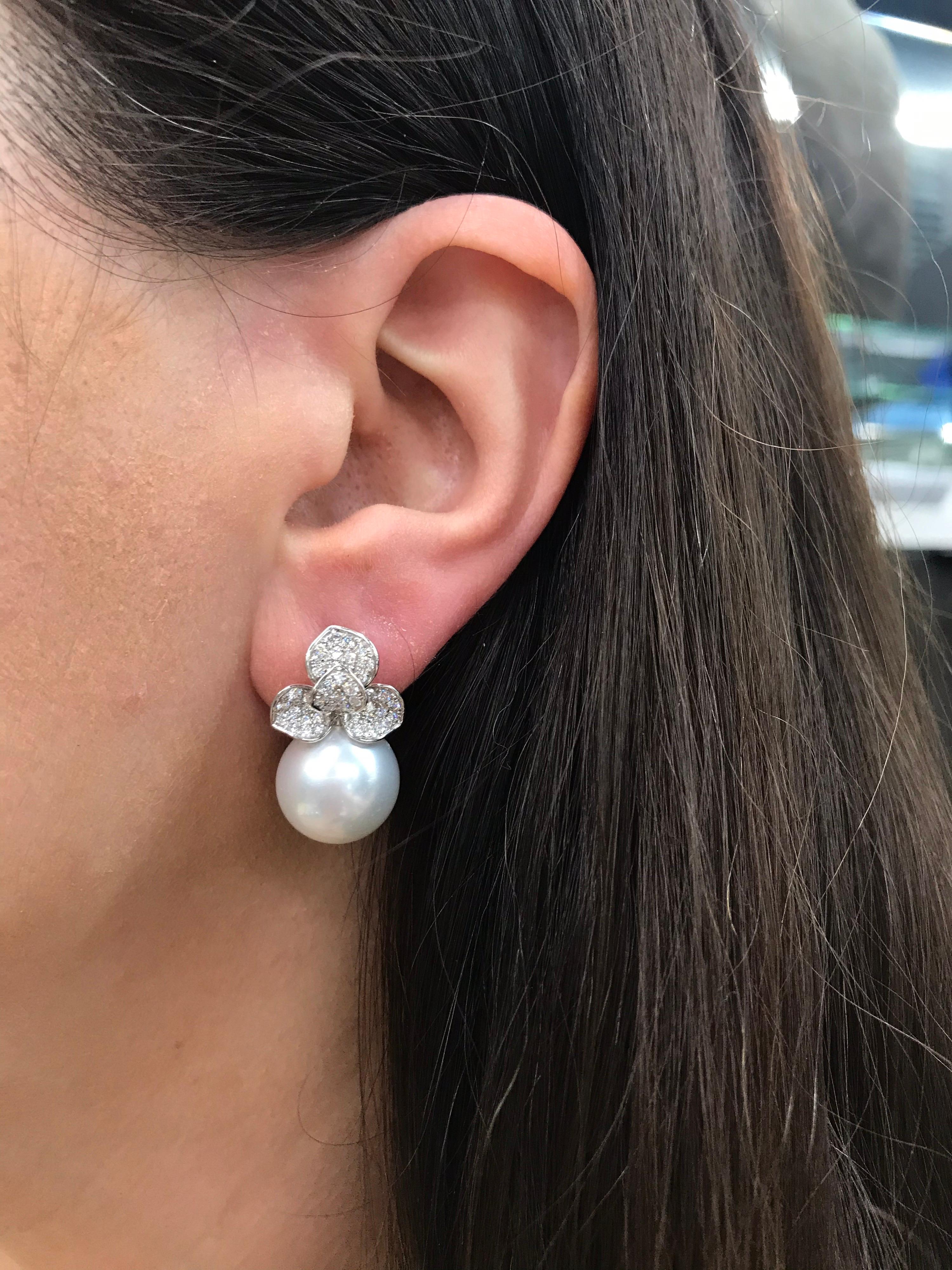 Round Cut Diamond Petal South Sea Pearl Drop Earrings 0.98 Carat 18 Karat White Gold For Sale