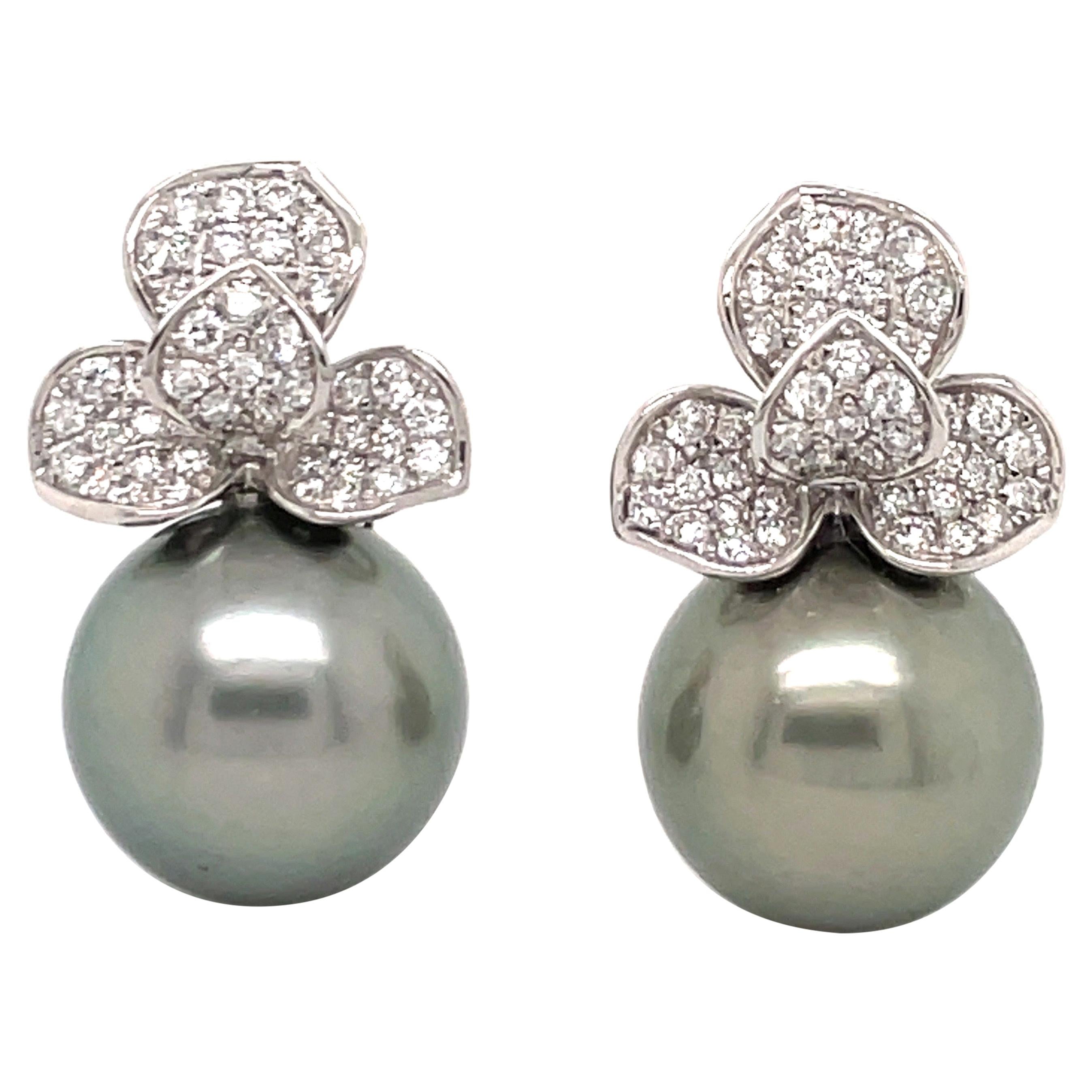Diamond Petal Floral South Sea Pearl Drop Earrings 0.98 Carat 13-14 MM 18KT 
