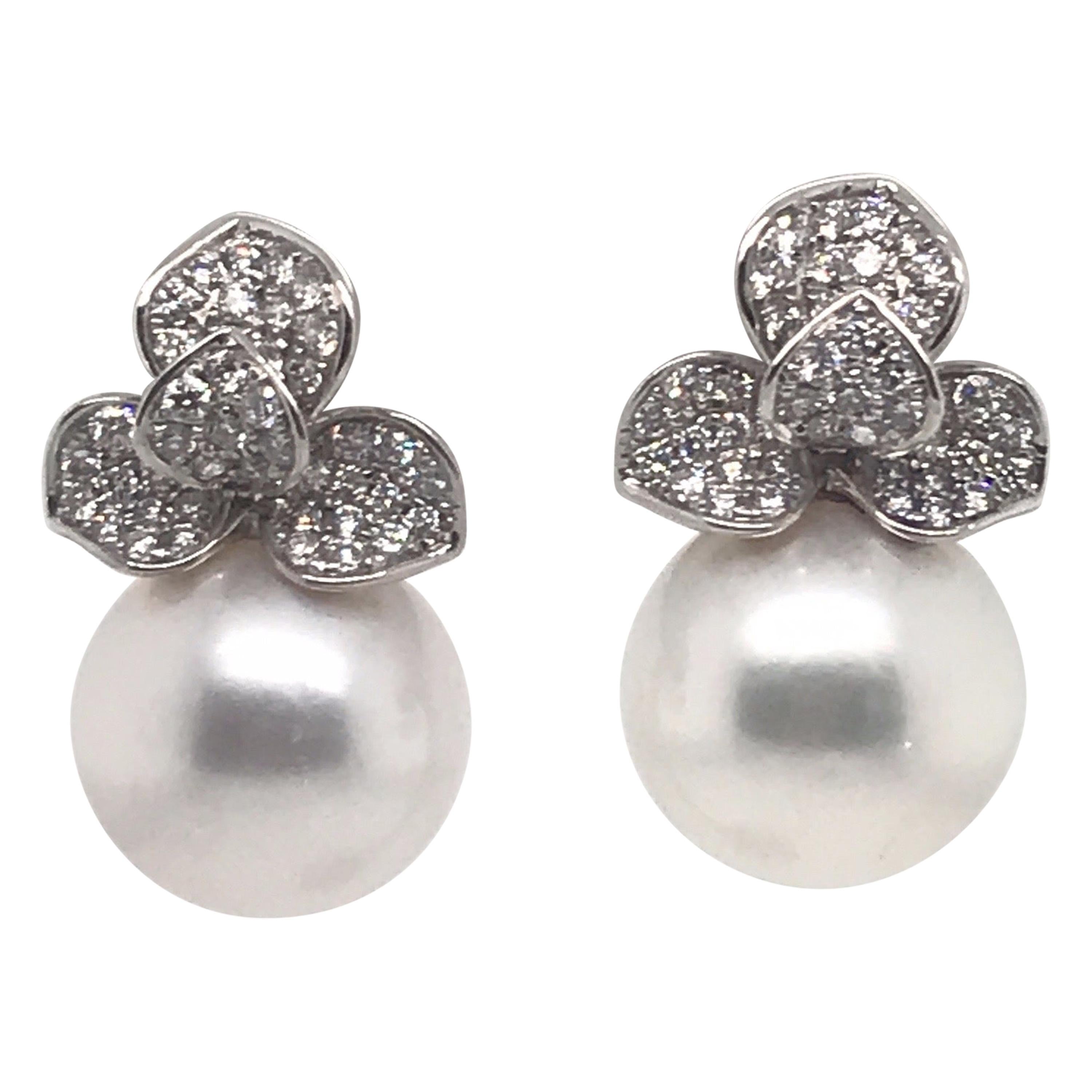 Diamond Petal South Sea Pearl Drop Earrings 0.98 Carat 18 Karat White Gold