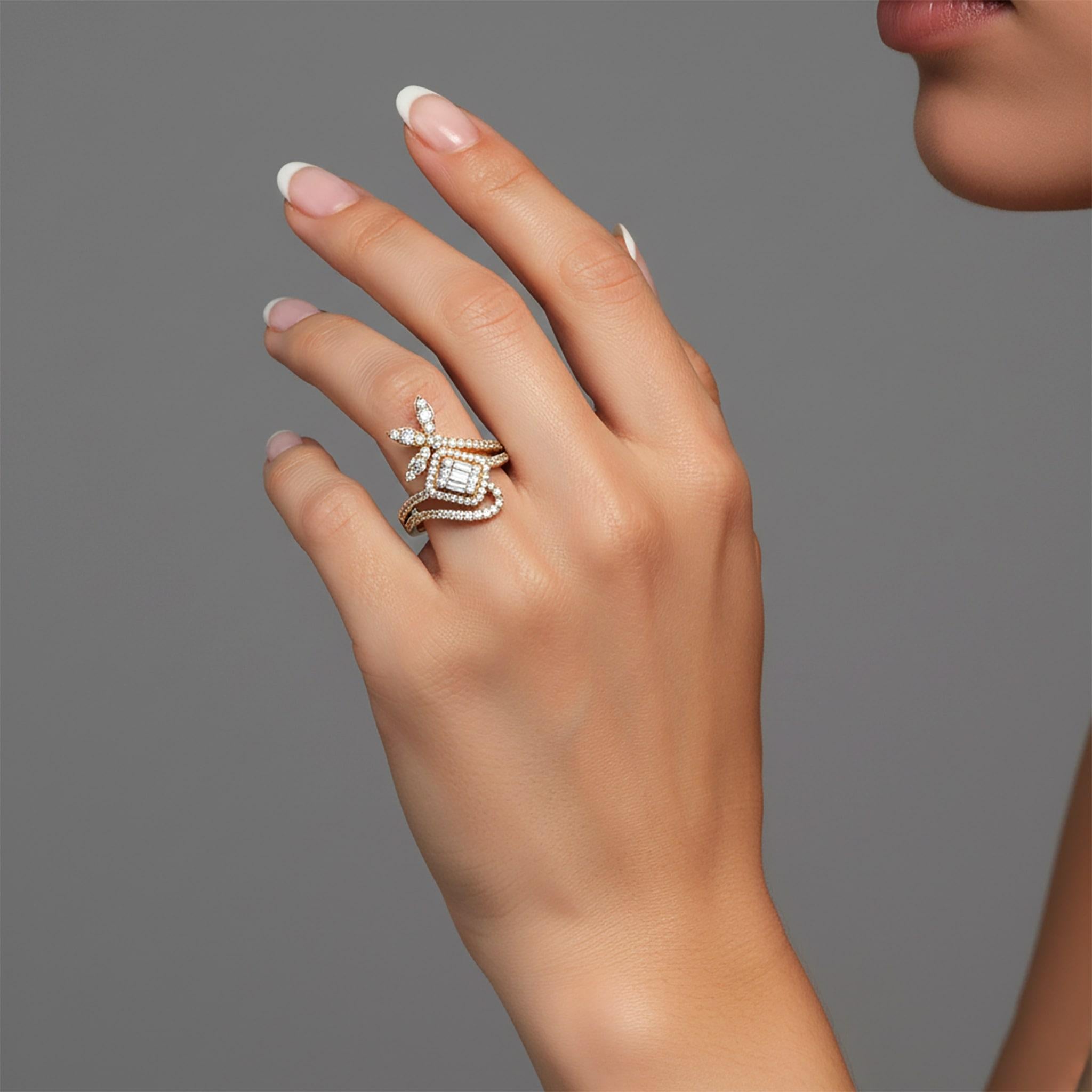 in vendita:  Anello centrale Baguette in oro 14k (o 18k su richiesta) con petali di diamante 2