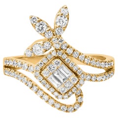 Bague centrale baguette en or 14 carats (ou 18 carats sur demande) avec diamant en forme de pétale de vigne