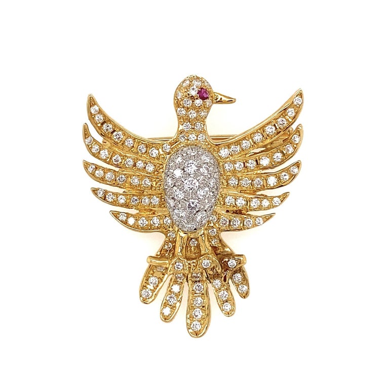 Modern Diamond Phoenix Bird Platinum Brooch Pin Pendant Estate Fine Jewelry For Sale