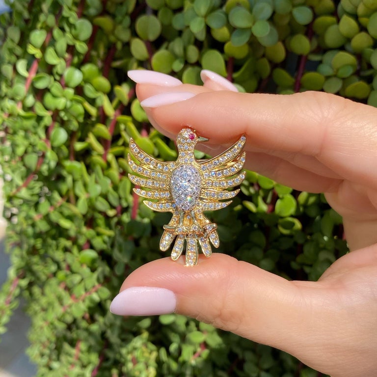 Round Cut Diamond Phoenix Bird Platinum Brooch Pin Pendant Estate Fine Jewelry For Sale