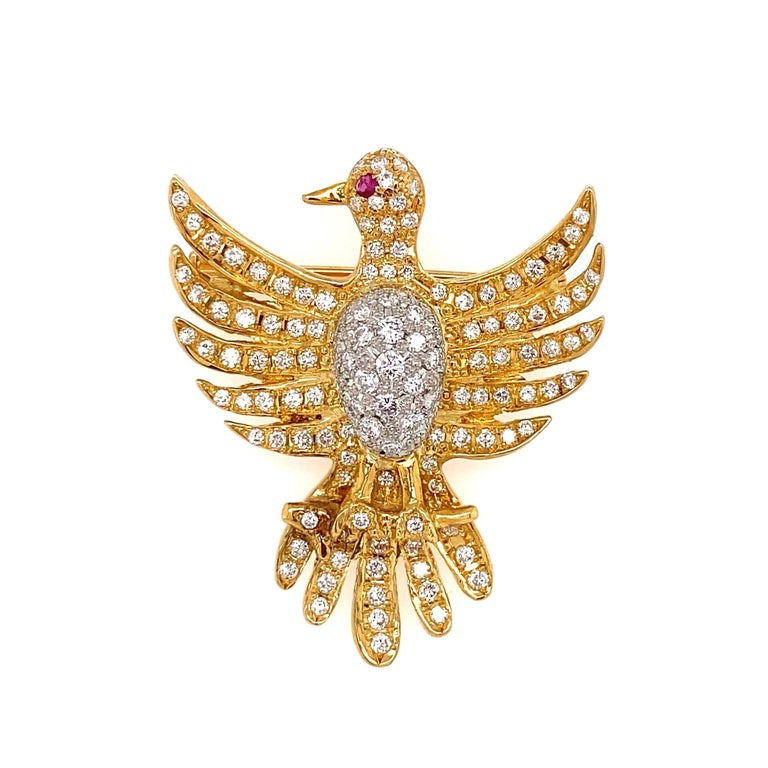 Women's or Men's Diamond Phoenix Bird Platinum Brooch Pin Pendant Estate Fine Jewelry For Sale