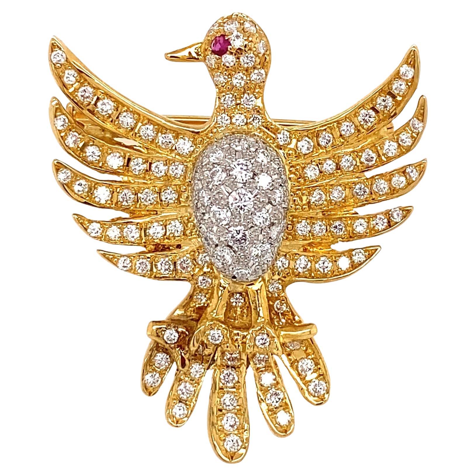 Diamond Phoenix Bird Platinum Brooch Pin Pendant Estate Fine Jewelry