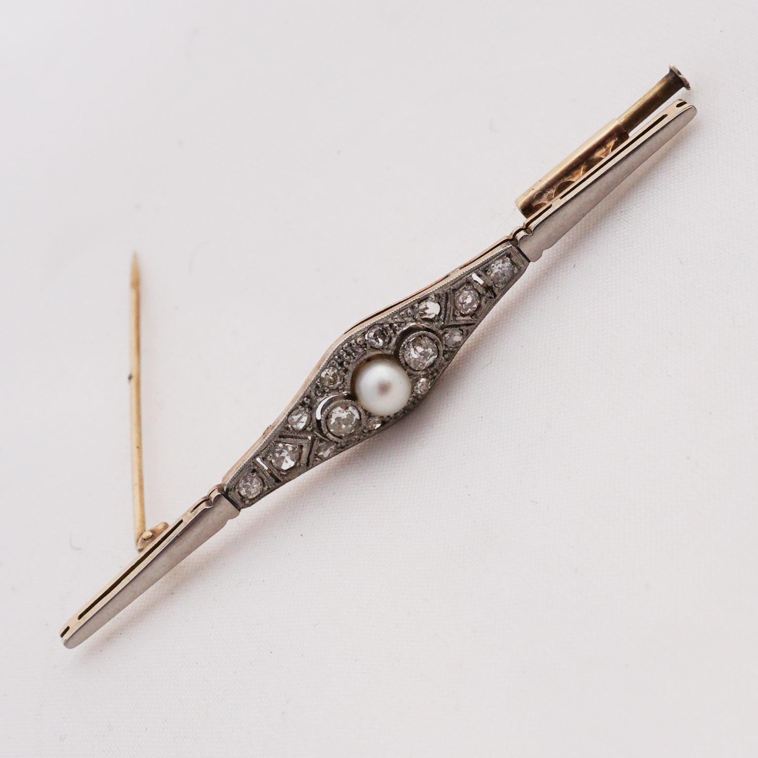 Old European Cut Diamond Pin with Pearl of Art Deco, 1920s For Sale
