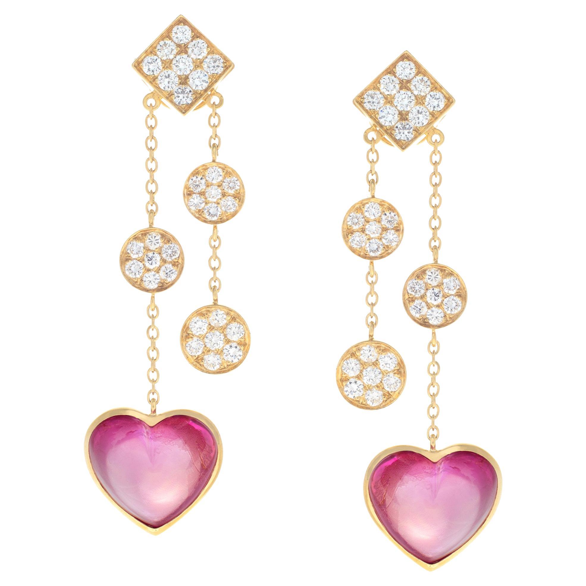 Diamond & Pink Cabochon Tourmaline Dangling Earrings Set in 18k Yellow Gold