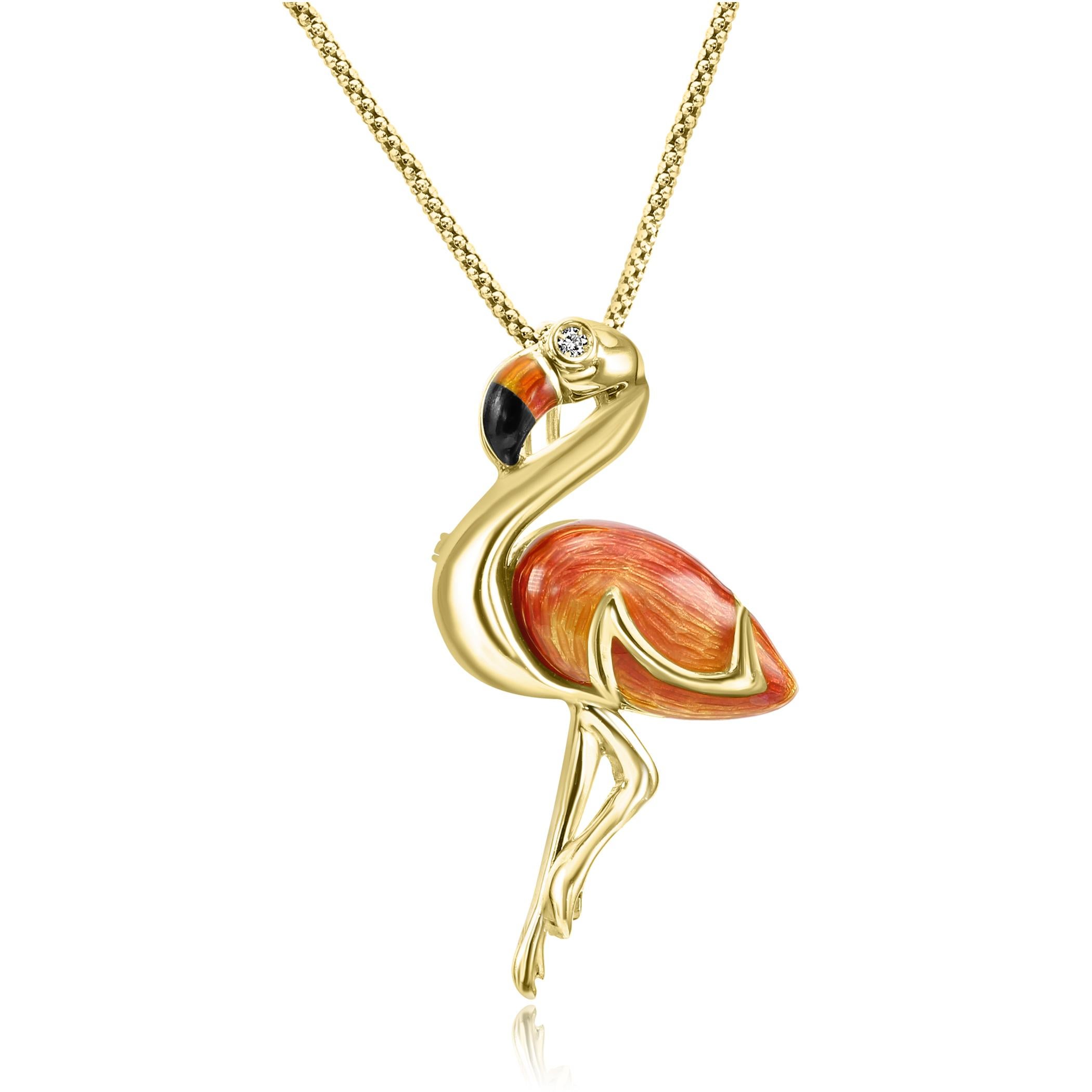 For all bird, and nature lovers, here's our charming & unique Enamel, & Diamond flamingo pendant brooch. 

This Pendant/Brooch features the turtles body adorned with pink enamel and is hand done in Italy.

For the eyes, the flamingo has 2 dazzling