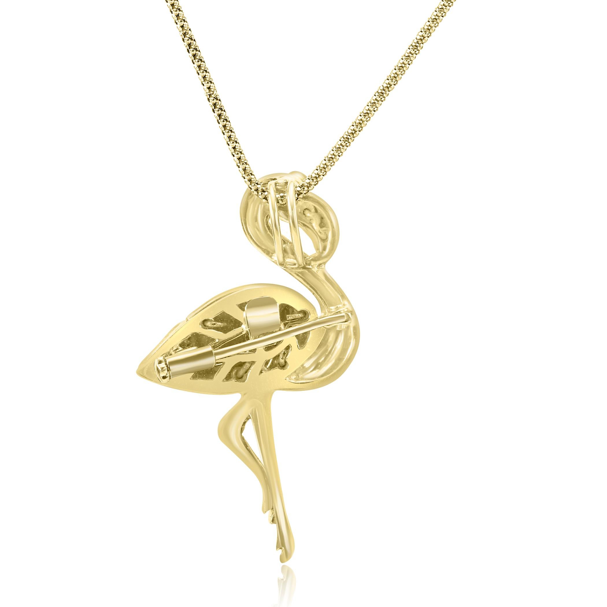 Round Cut Diamond & Pink Enamel 18 Karat Yellow Gold Flamingo Brooch Pendant For Sale