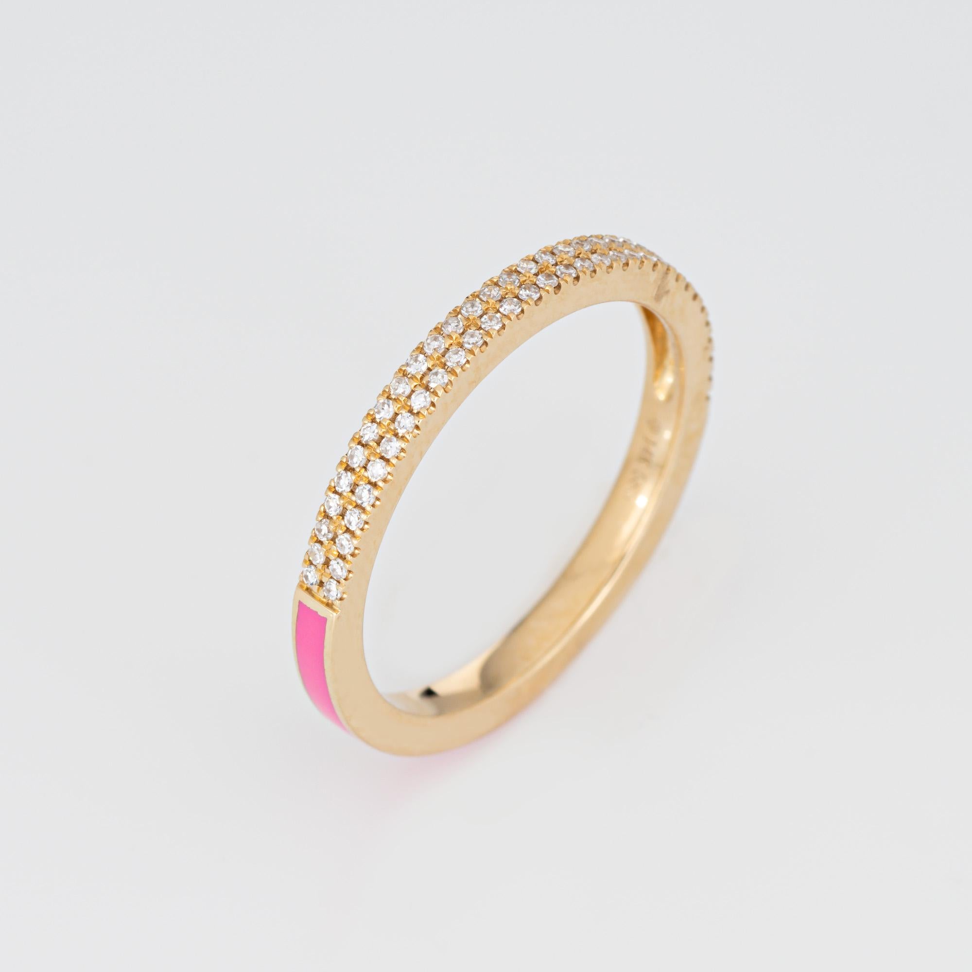 Stylish contemporary diamond & pink eternity ring crafted in 14 karat yellow gold. 

Single cut diamonds total an estimated 0.15 carats (estimated at H-I color and VS2-SI2 clarity). 

One half of the ring is set with diamonds, the other half with