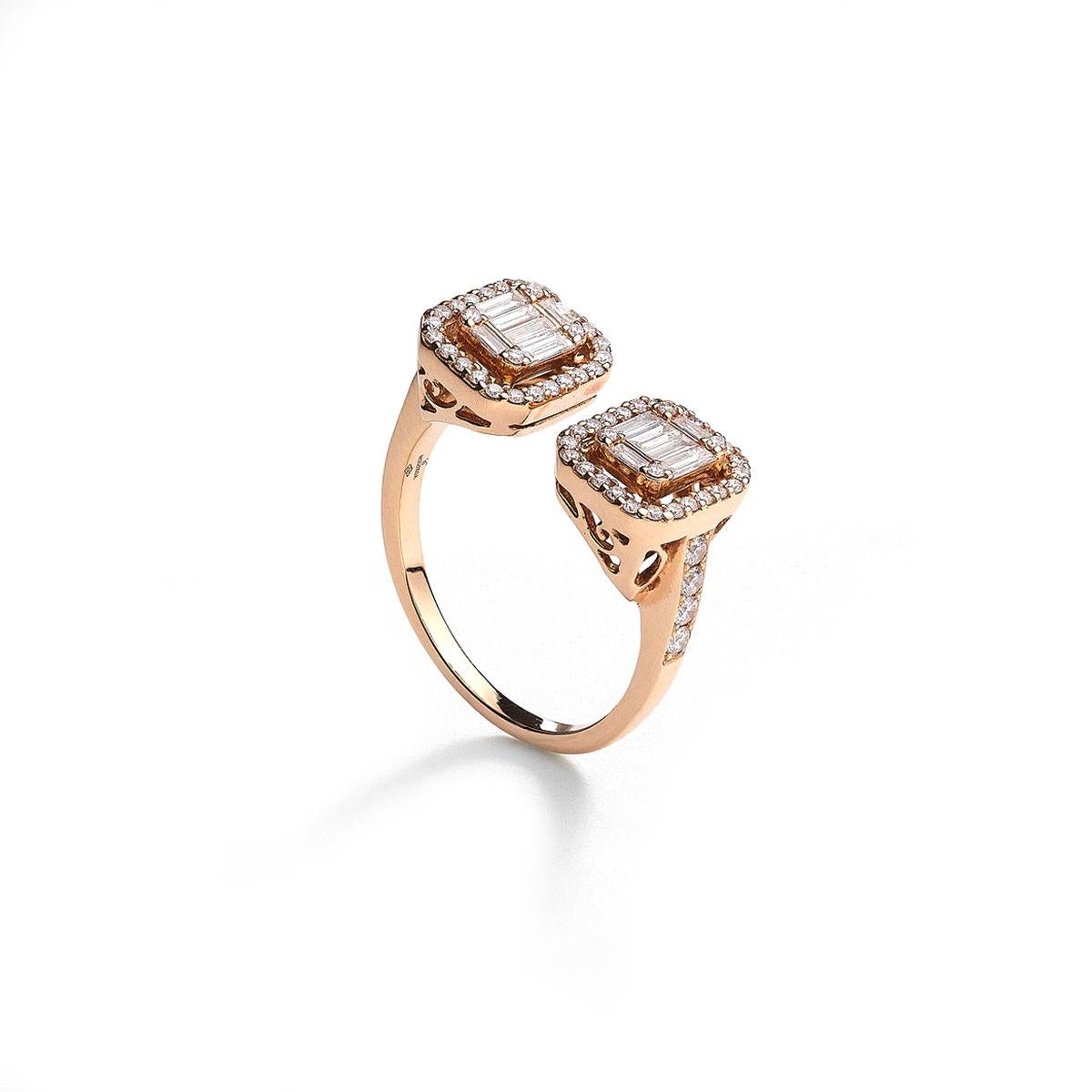 Ring in 18kt pink gold set with 10 baguette cut diamonds 0.37 cts and  64 diamonds 0.44 cts Size 56   