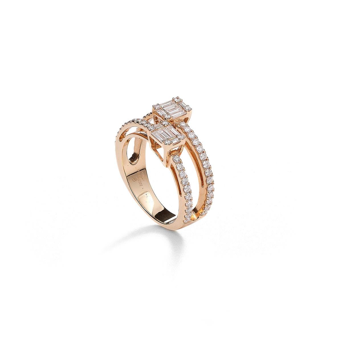 Ring in 18kt pink gold set with 12 baguette cut diamonds 0.33 cts and 57 diamonds 0.63 cts Size 53