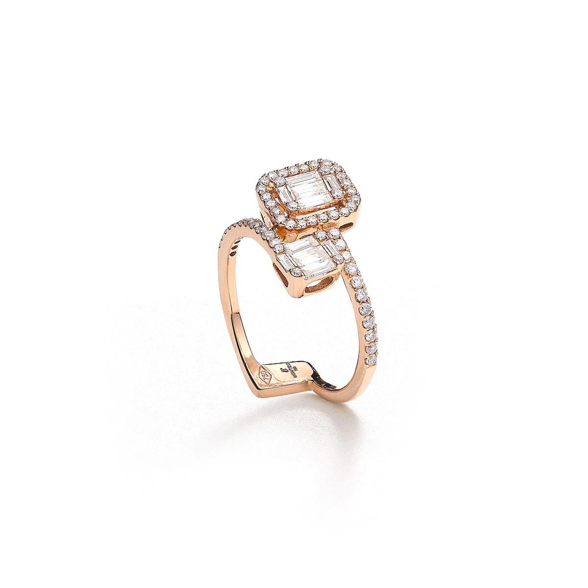 Ring in 18kt pink gold set with 10 baguette cut diamonds 0.33 cts and 54 diamonds 0.34 cts Size 52