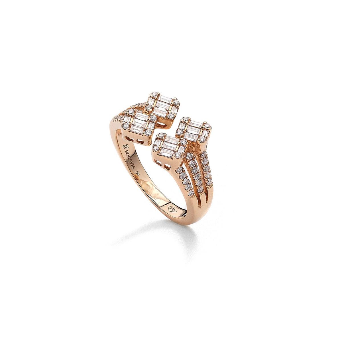 Ring in 18kt pink gold set with 20 baguette cut diamonds 0.29 cts and 48 diamonds 0.25 cts Size 52 