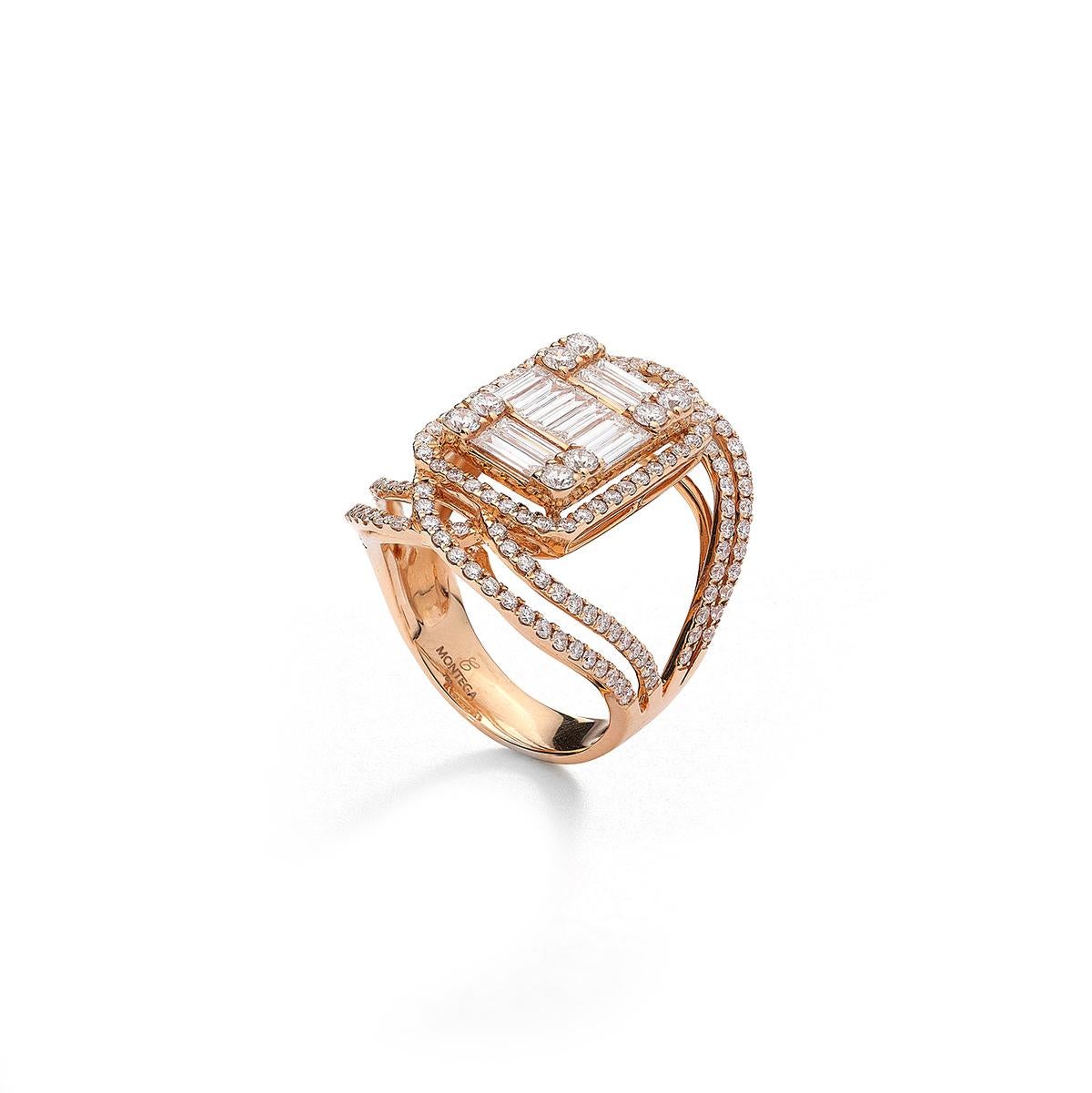 Ring aus 18 Karat Rotgold, besetzt mit 10 Diamanten im Baguetteschliff (0,87 ct) und 156 Diamanten (1,47 ct) Größe 54