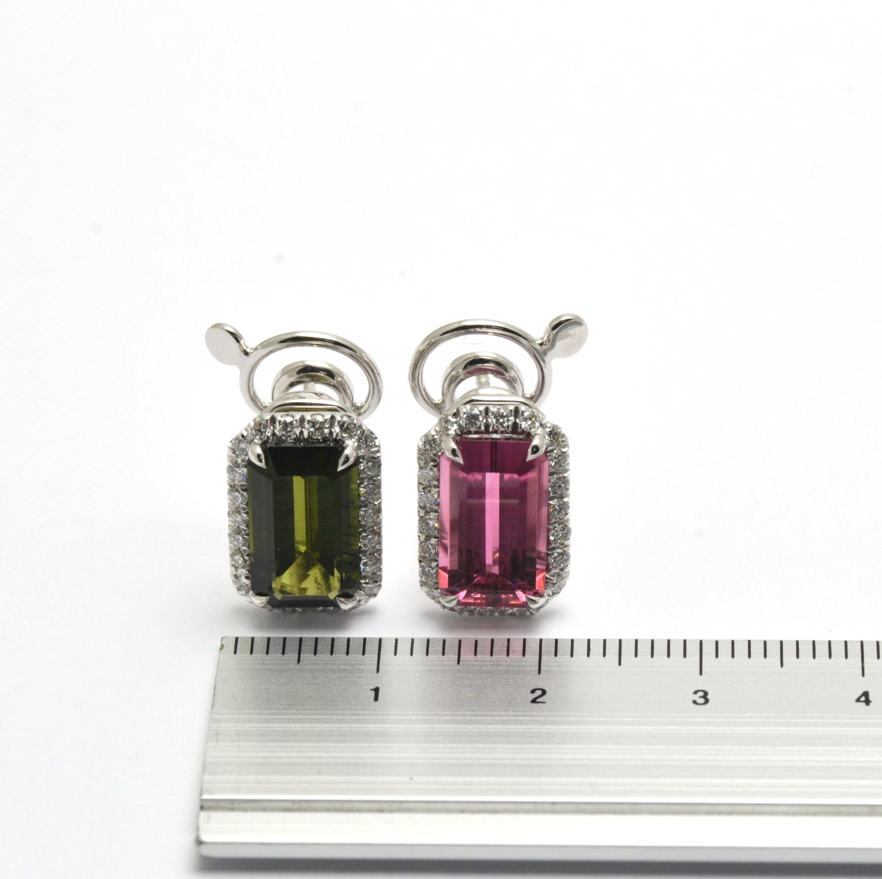 Diamond Pink Green Tourmaline 18 Kt White Gold Made in Italy Earrings For Sale 4