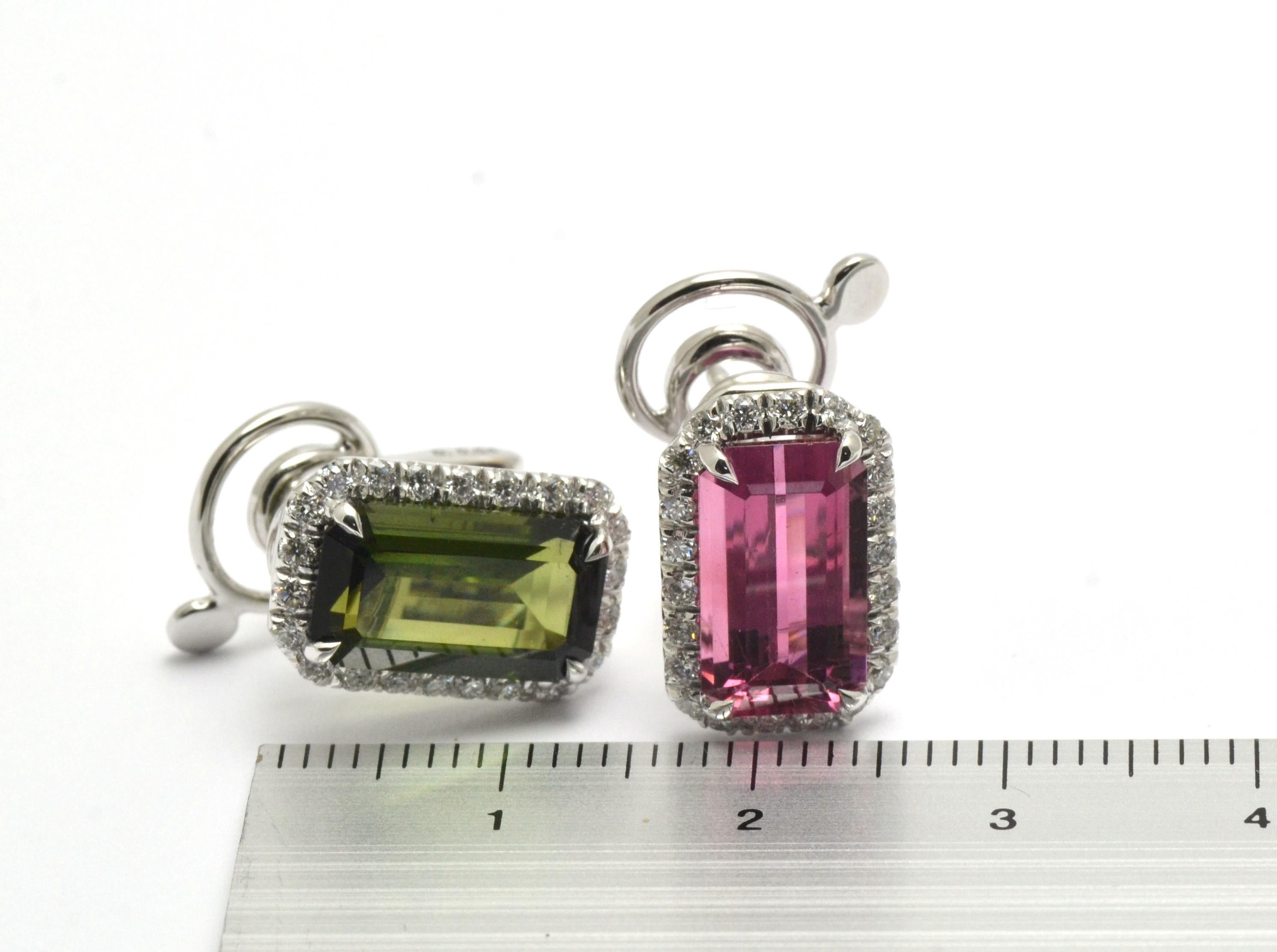Diamond Pink Green Tourmaline 18 Kt White Gold Made in Italy Earrings For Sale 5
