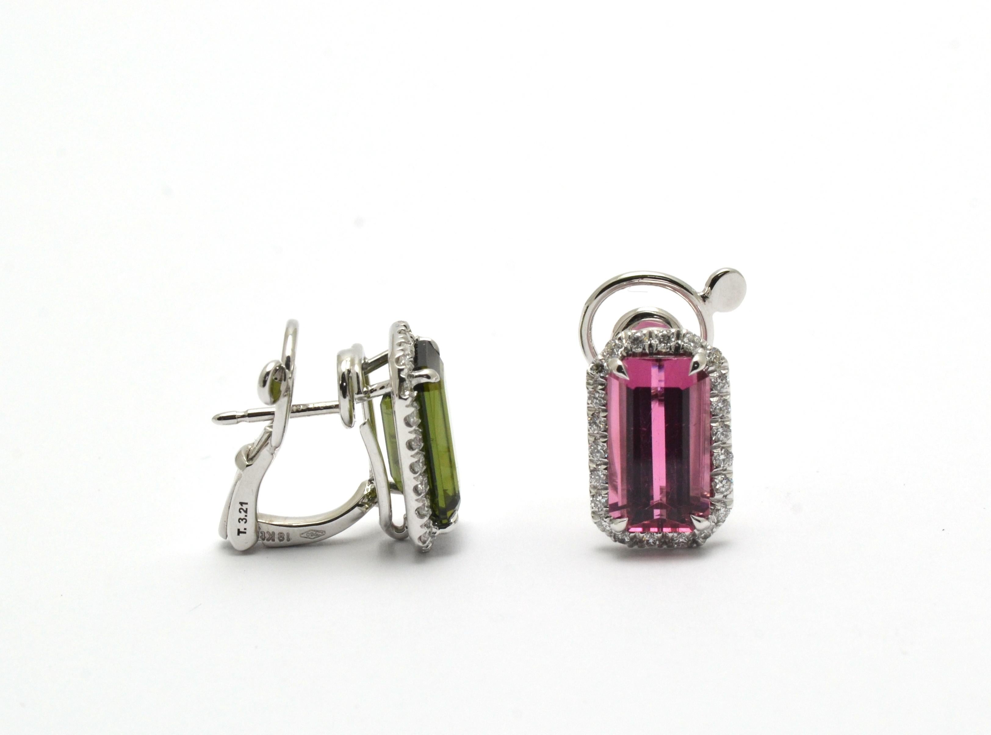Contemporary Diamond Pink Green Tourmaline 18 Kt White Gold Made in Italy Earrings For Sale