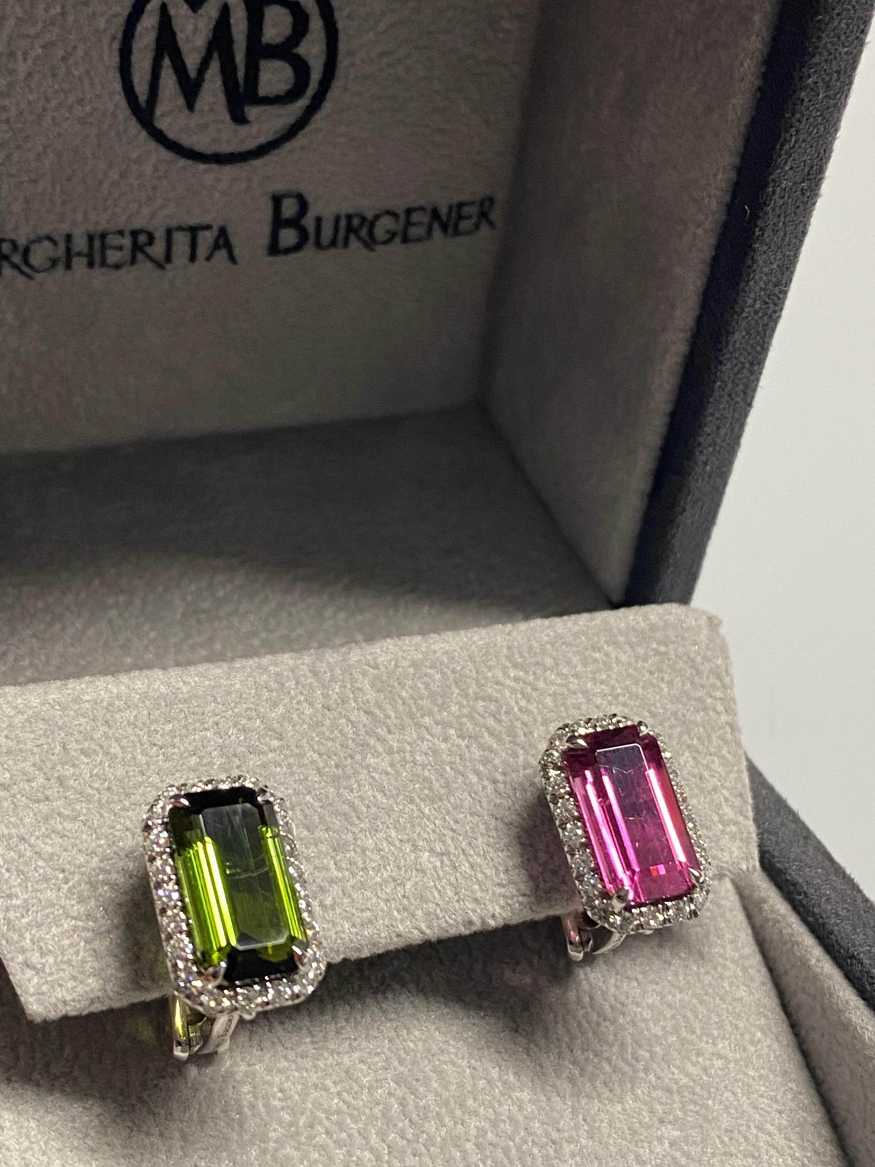 Octagon Cut Diamond Pink Green Tourmaline 18 Kt White Gold Made in Italy Earrings For Sale