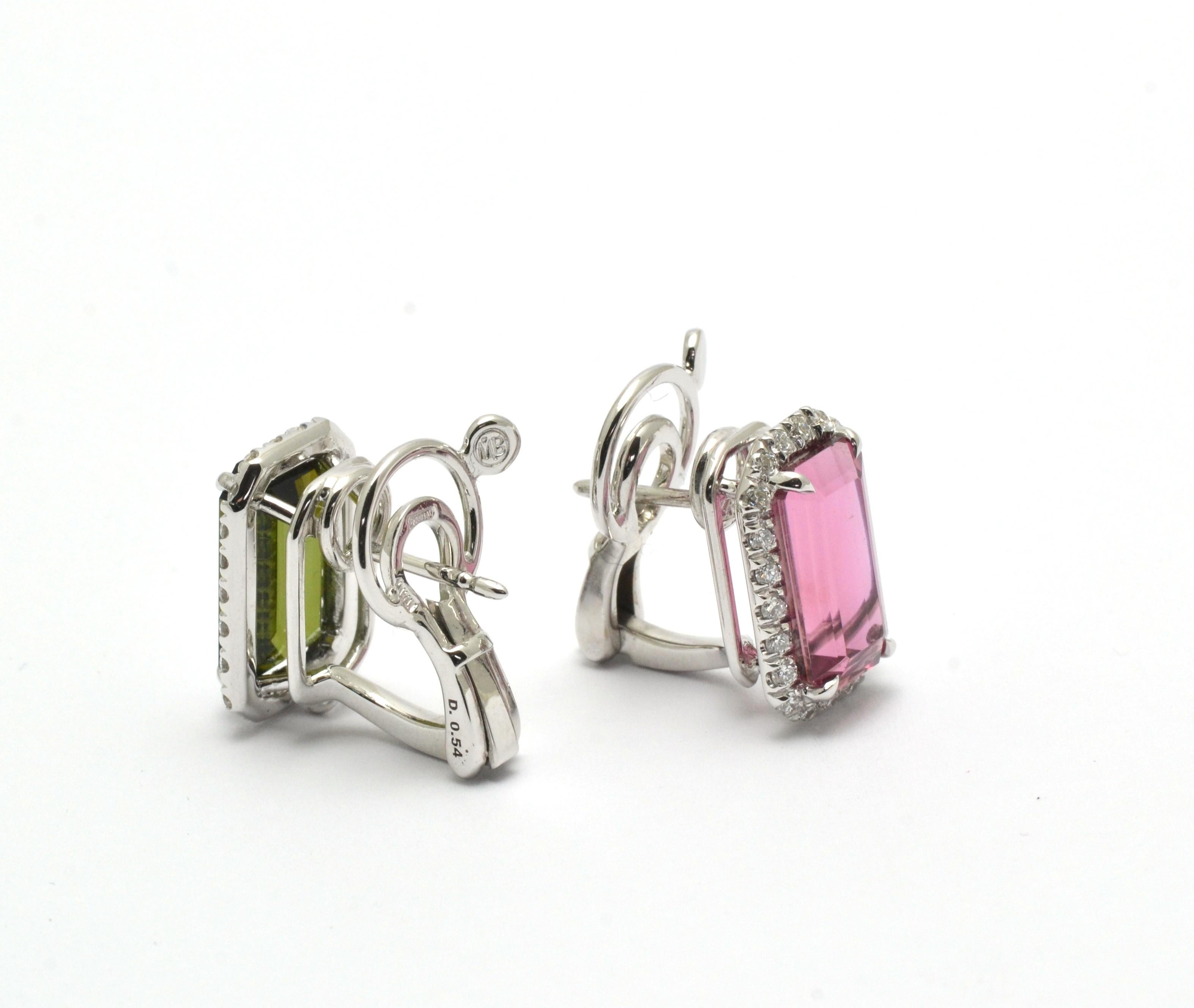 Diamond Pink Green Tourmaline 18 Kt White Gold Made in Italy Earrings In New Condition For Sale In Valenza , IT