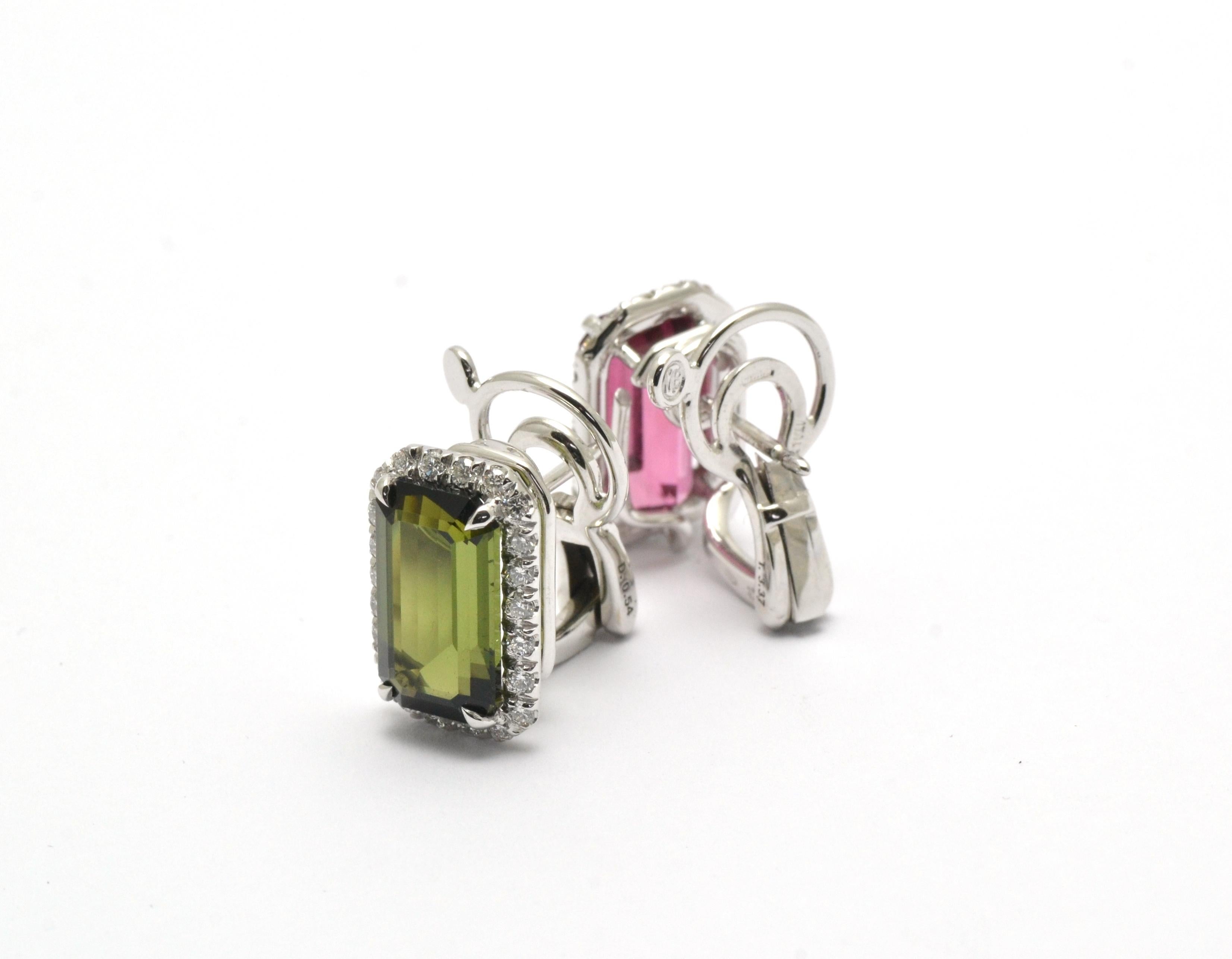 Women's Diamond Pink Green Tourmaline 18 Kt White Gold Made in Italy Earrings For Sale