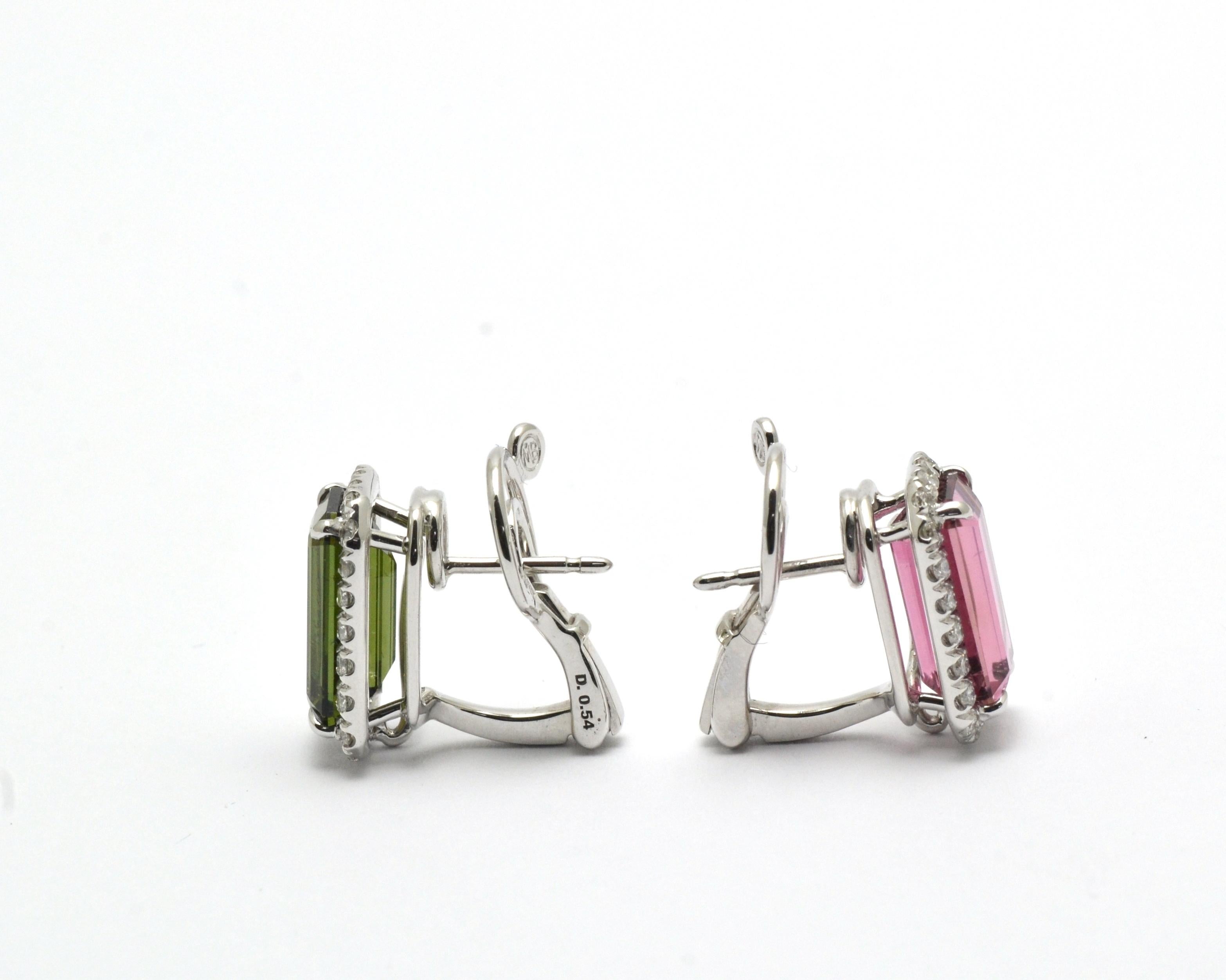 Diamond Pink Green Tourmaline 18 Kt White Gold Made in Italy Earrings For Sale 1