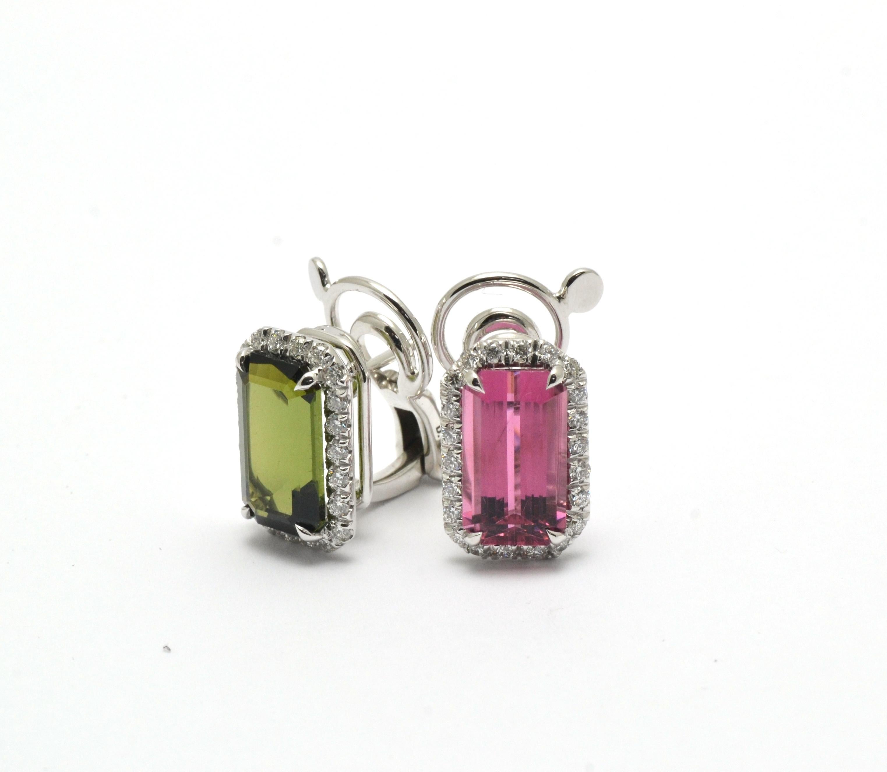 Diamond Pink Green Tourmaline 18 Kt White Gold Made in Italy Earrings For Sale 3