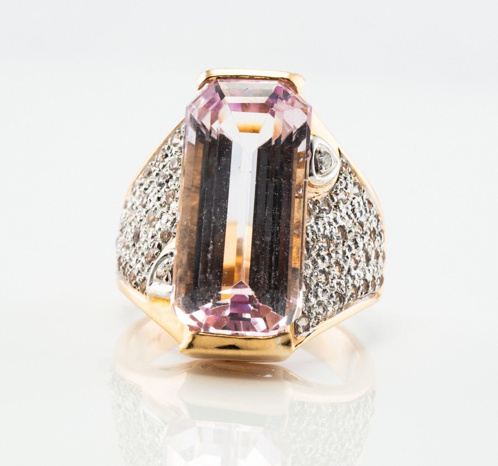 Emerald Cut Diamond Pink Kunzite Ring 14K Gold Band Cocktail For Sale