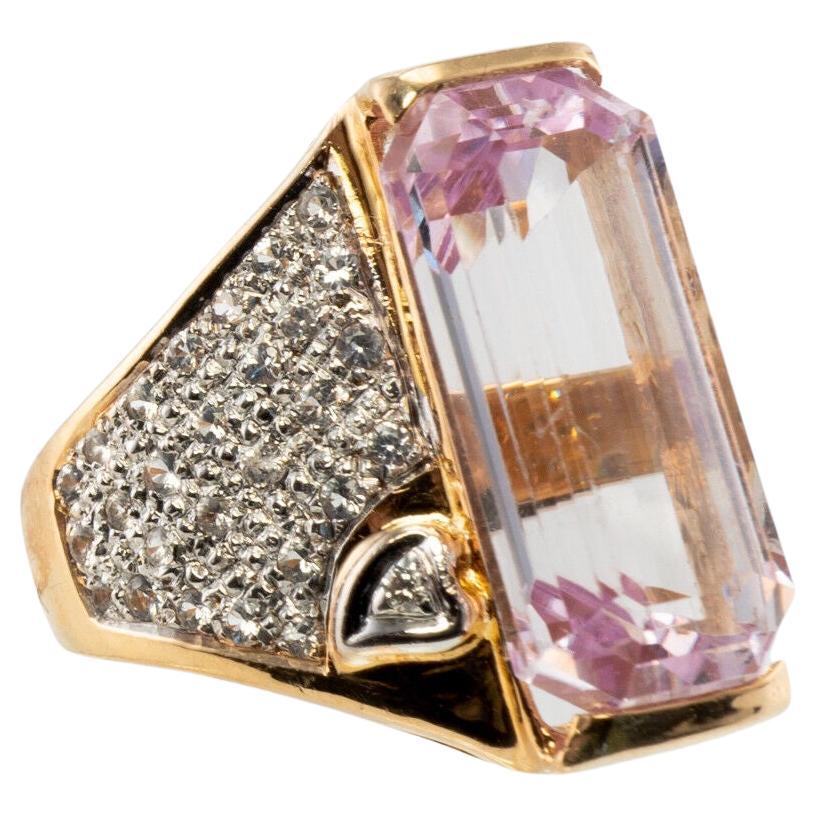 Diamant-Ring mit rosa Kunzit 14K Goldband Cocktail