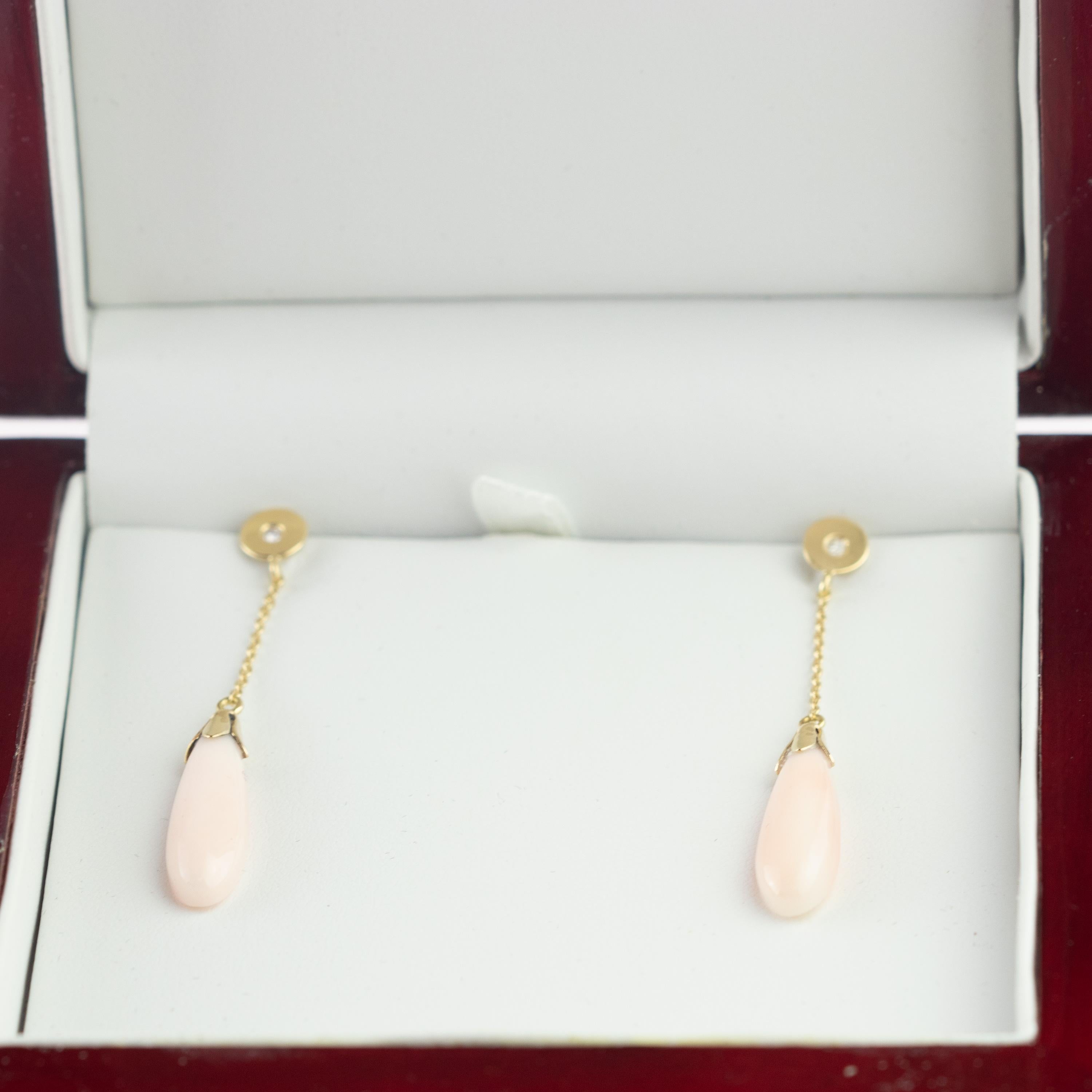 Mixed Cut Diamond Pink Natural Coral Drops 18 Karat Yellow Gold Dangle Handmade Earrings For Sale