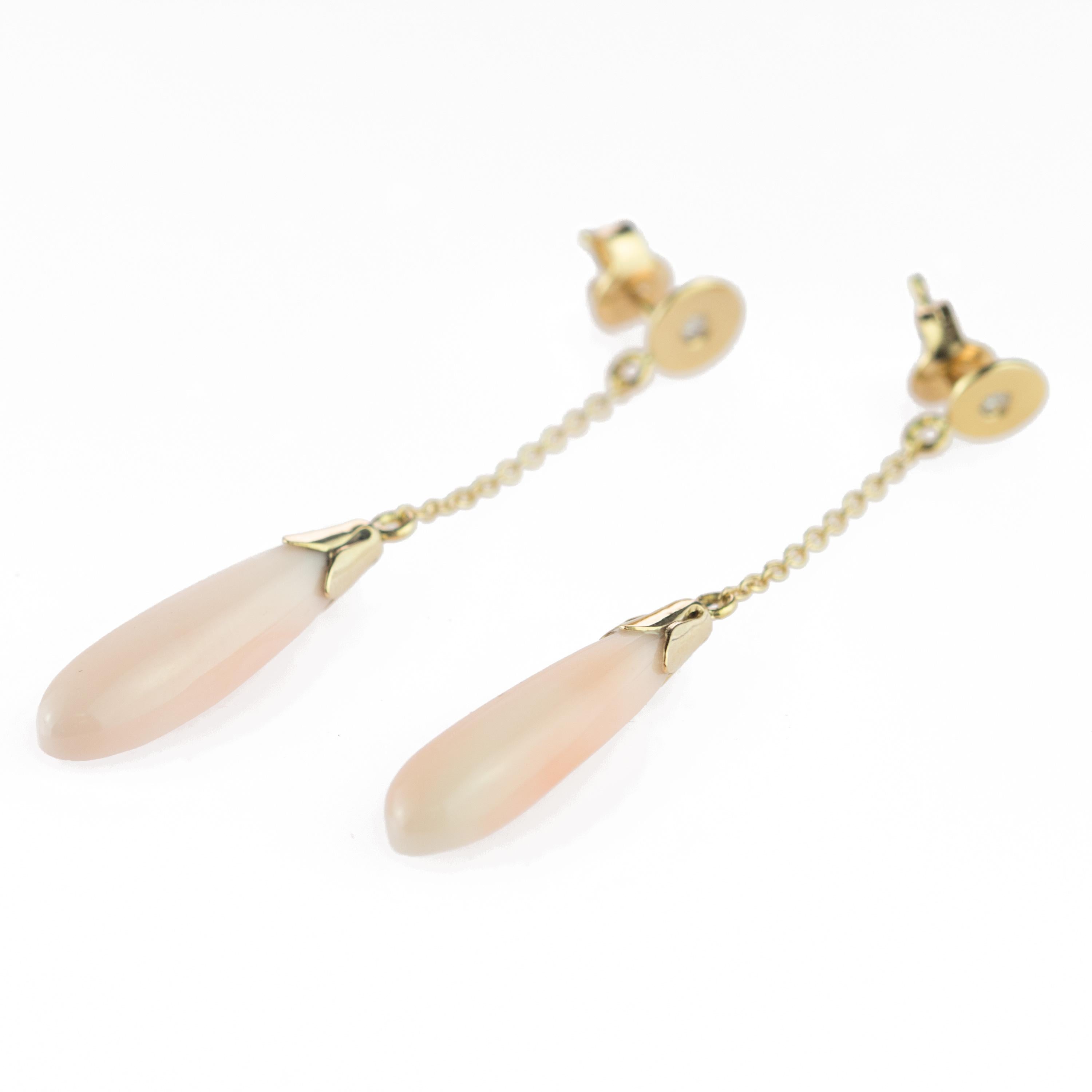 Diamond Pink Natural Coral Drops 18 Karat Yellow Gold Dangle Handmade Earrings For Sale 2