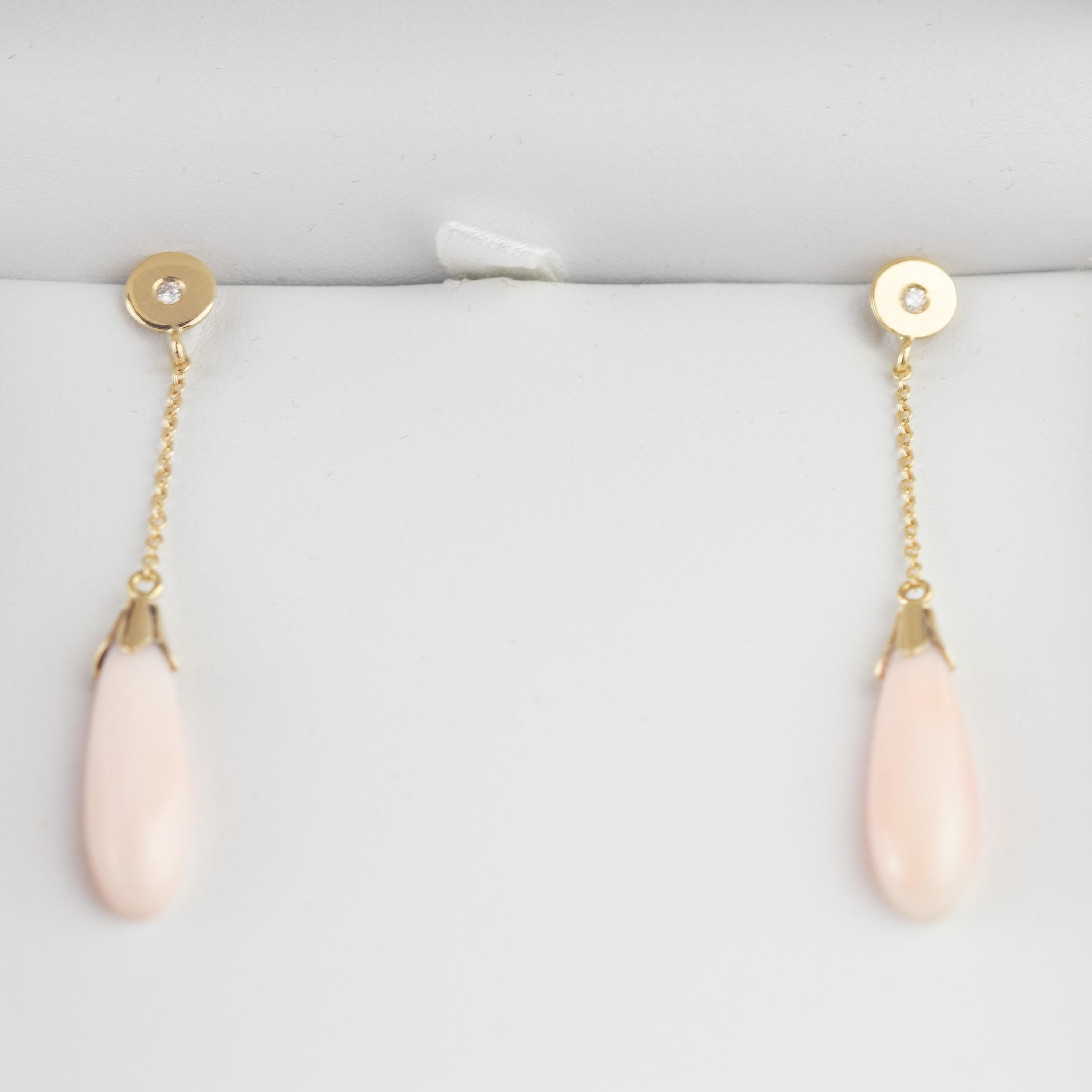Diamond Pink Natural Coral Drops 18 Karat Yellow Gold Dangle Handmade Earrings For Sale 5