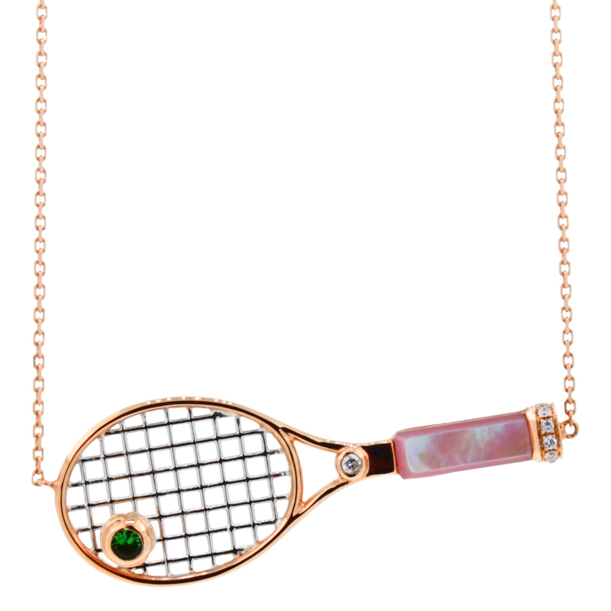 Diamond Pink Pearl Emerald 18 Karat Gold Tennis Racket Charm Pendant Necklace For Sale 1