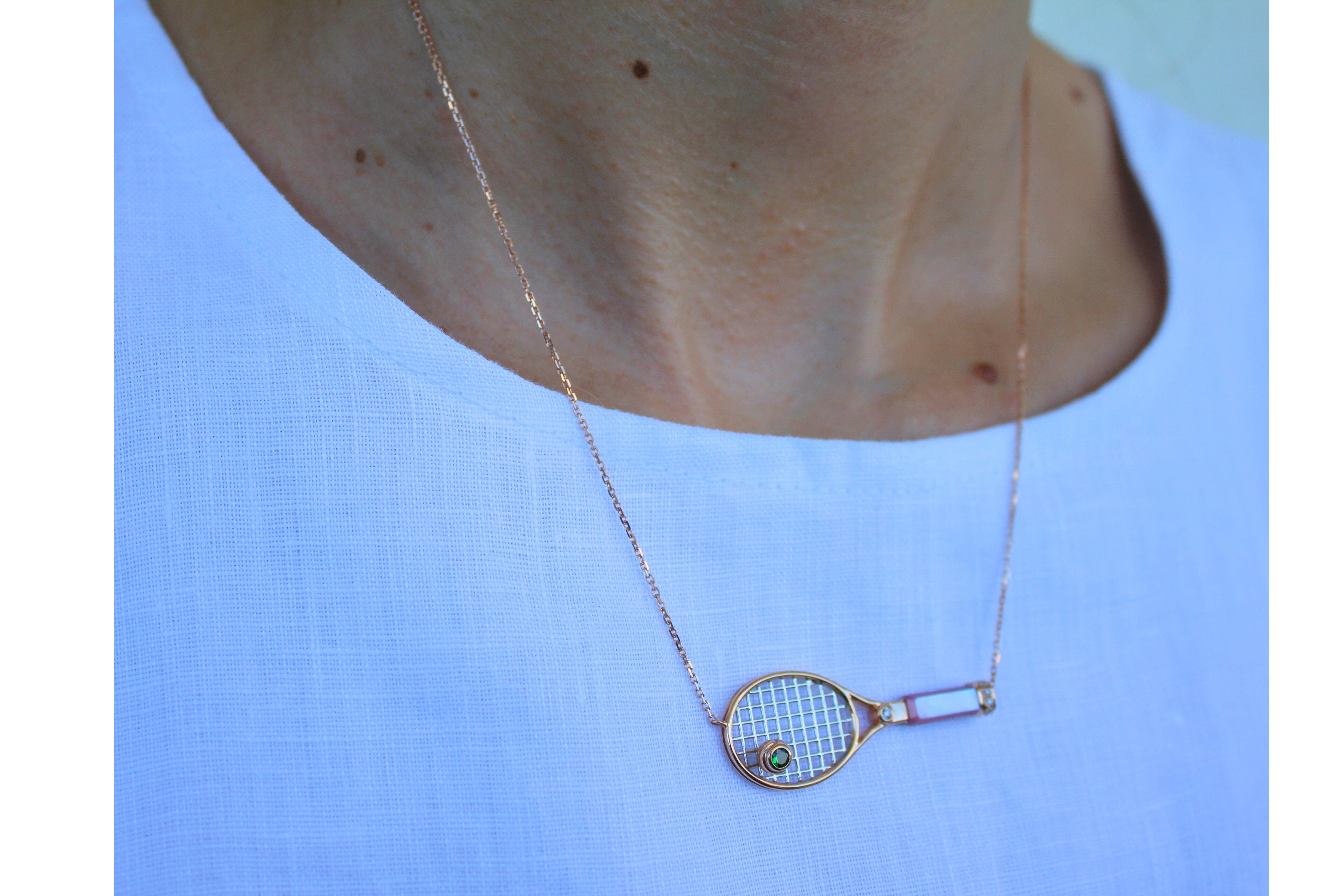 Cabochon Diamond Pink Pearl Emerald 18 Karat Gold Tennis Racket Charm Pendant Necklace For Sale
