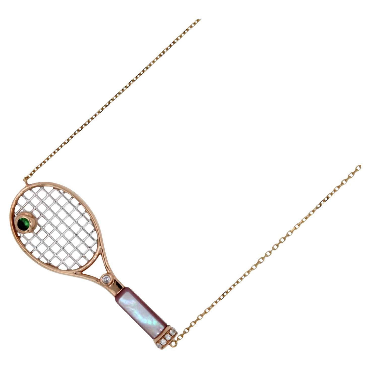 18K Rose Gold
Pink Mother of Pearl Gemstone Handle
Green Emerald Tennis Ball Gemstone
0.25 cts Diamonds
Approximate Ace Racket Length: 1.77” inches / 4.5 centimeters
16-18 inches Diamond-Cut Link Cable adjustable chain length
In-Stock
This is part