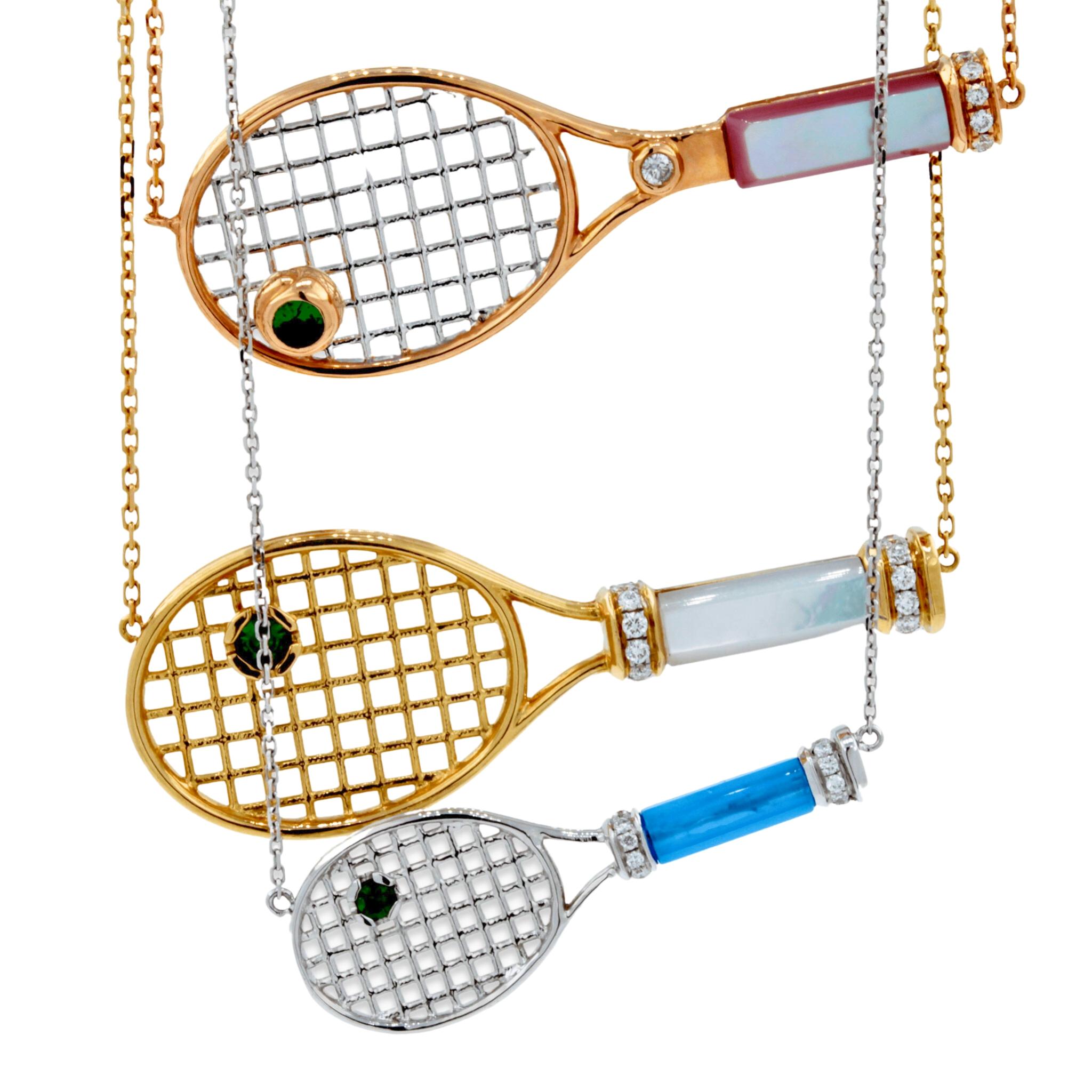 Diamond Pink Pearl Emerald 18 Karat Gold Tennis Racket Charm Pendant Necklace For Sale 2