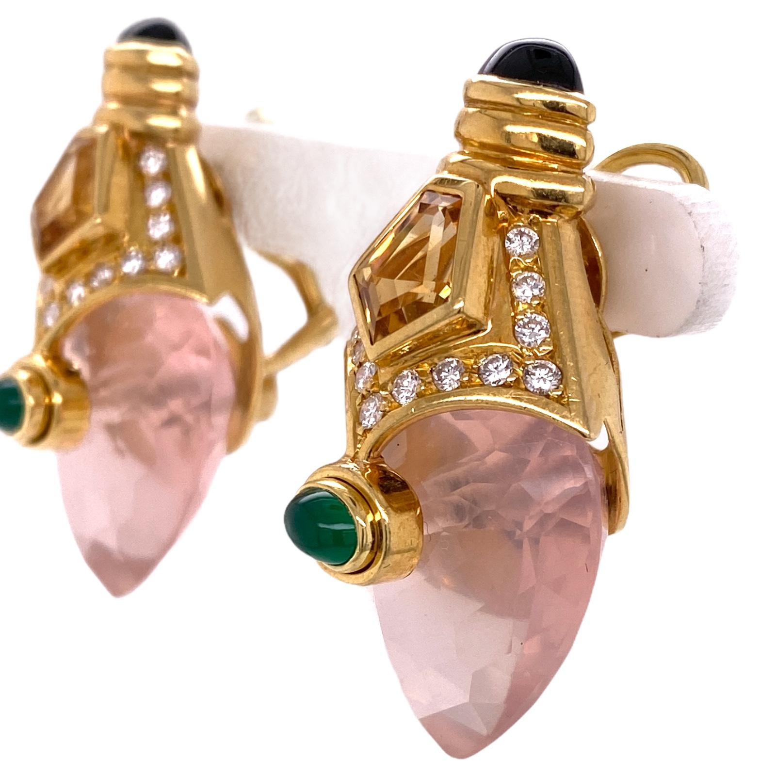 Modern Diamond Pink Quartz 18 Karat Yellow Gold Earrings Emerald Onyx Accents Leverback