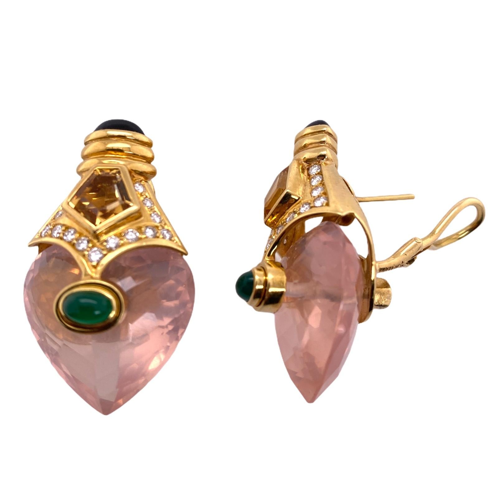Heart Cut Diamond Pink Quartz 18 Karat Yellow Gold Earrings Emerald Onyx Accents Leverback