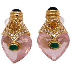 Diamond Pink Quartz 18 Karat Yellow Gold Earrings Emerald Onyx Accents Leverback