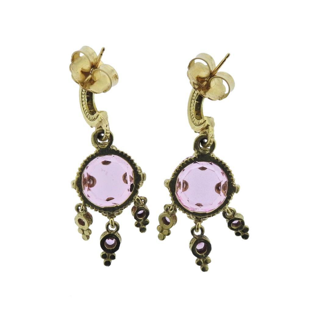 Pair of 18k yellow gold earrings, set with diamonds and rose quartz gemstones. Earrings are 38mm x 14mm, weigh 13.8 grams. 