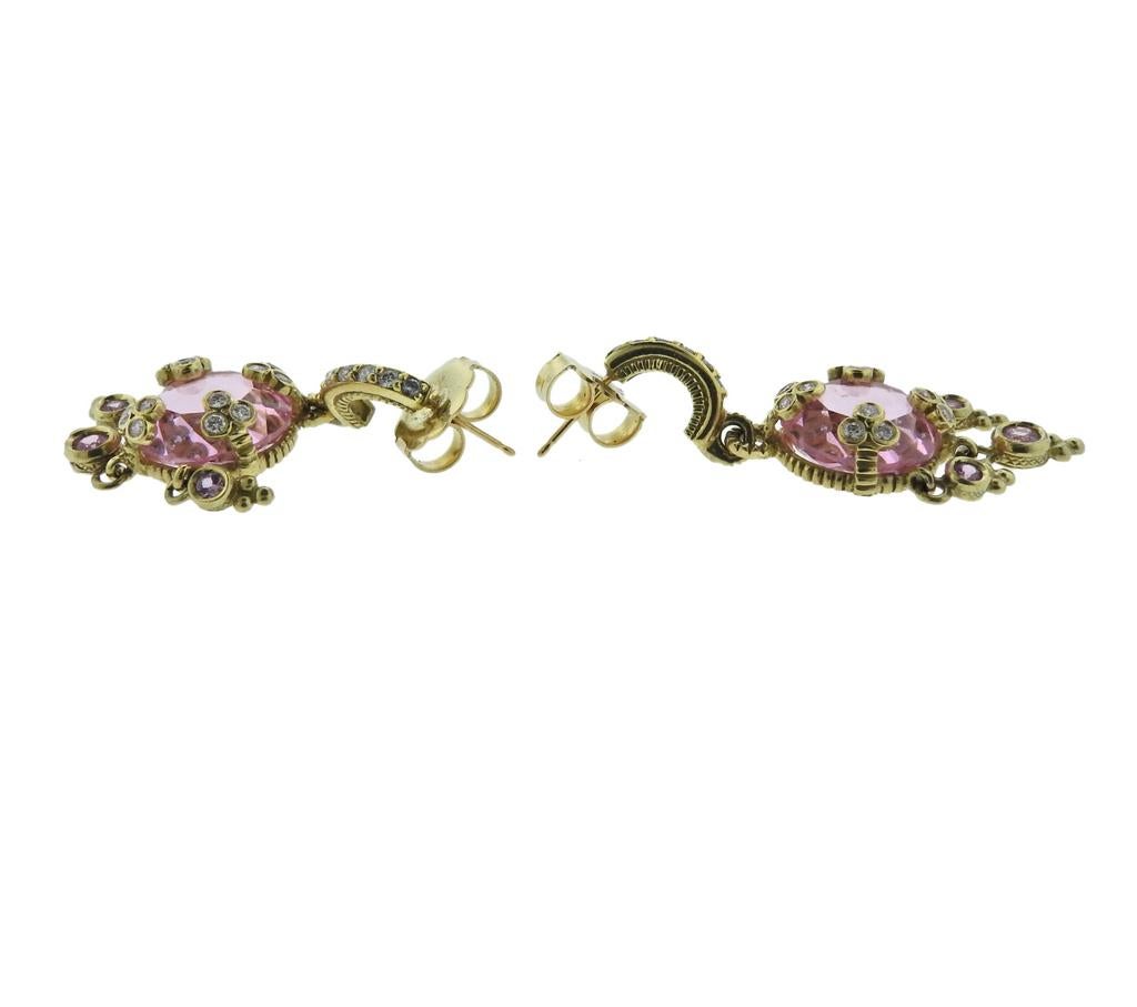 Diamond Pink Quartz Gemstone Gold Earrings In Excellent Condition In Lambertville, NJ