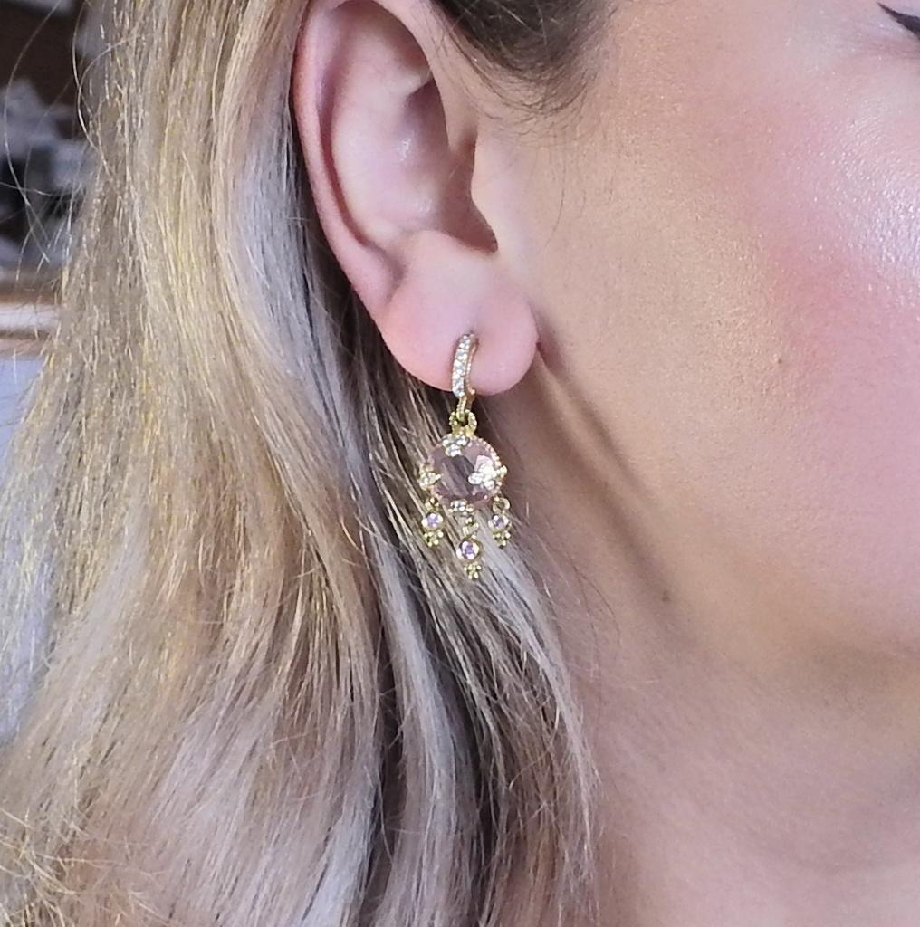 Women's Diamond Pink Quartz Gemstone Gold Earrings