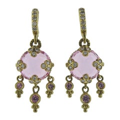 Diamond Pink Quartz Gemstone Gold Earrings