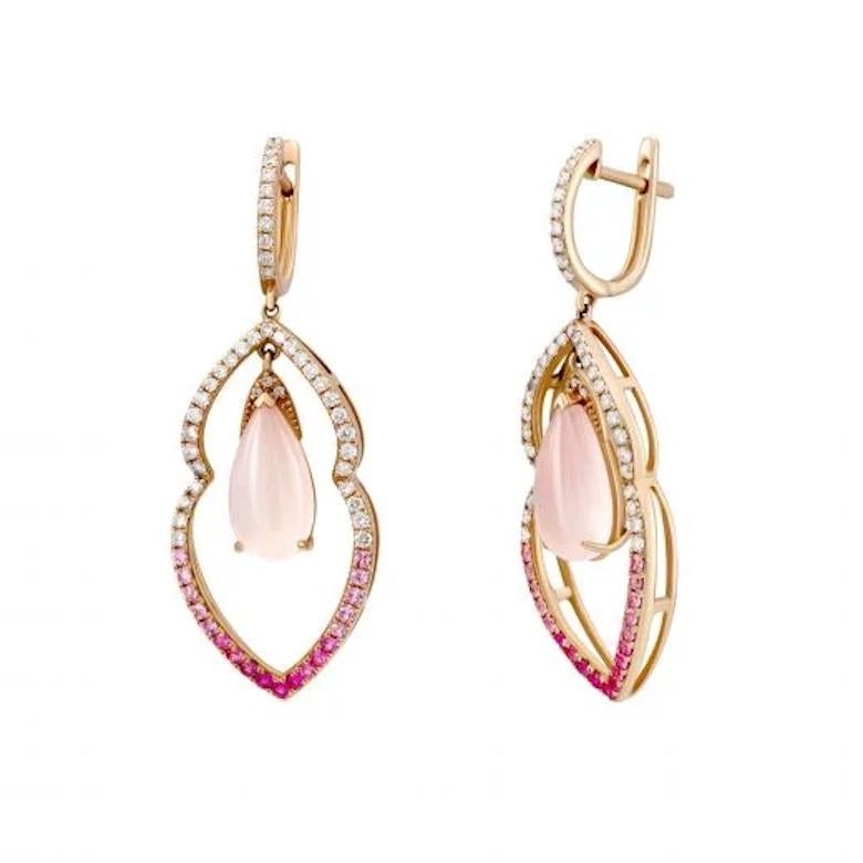 Baguette Cut Diamond Pink Quartz Pink Sapphire Lever-Back Yellow 14k Gold Earrings for Her For Sale