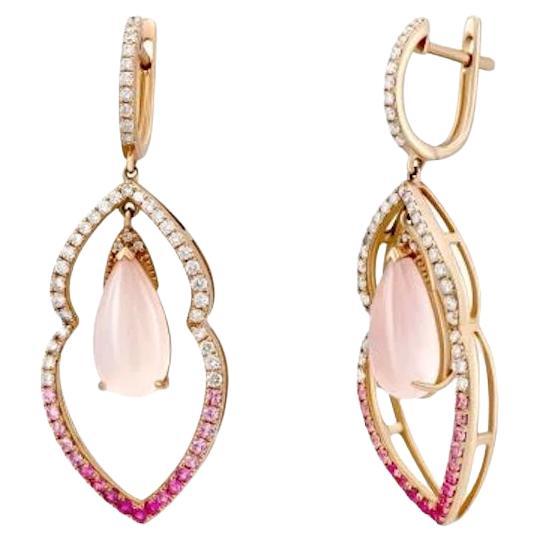 Diamond Pink Quartz Pink Sapphire Lever-Back Yellow 14k Gold Earrings for Her For Sale