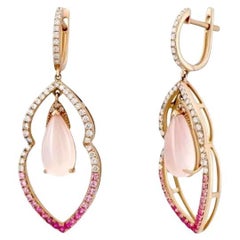 Boucles d'oreilles pour elle en or 14k jaune avec diamant, quartz rose et saphir rose à levier