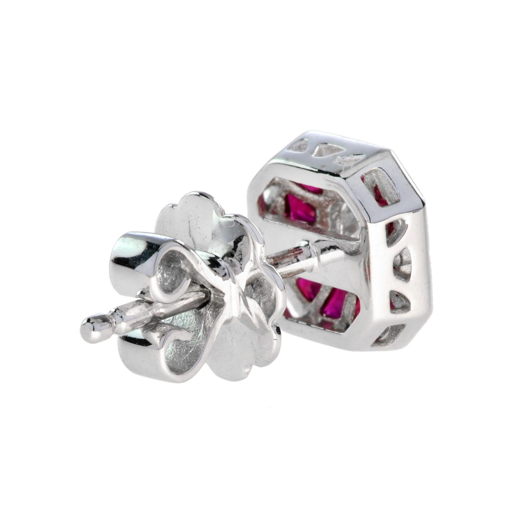 Emerald Cut Diamond & Pink Red Ruby Halo Art Deco Style Octagon White Gold Stud Earrings For Sale