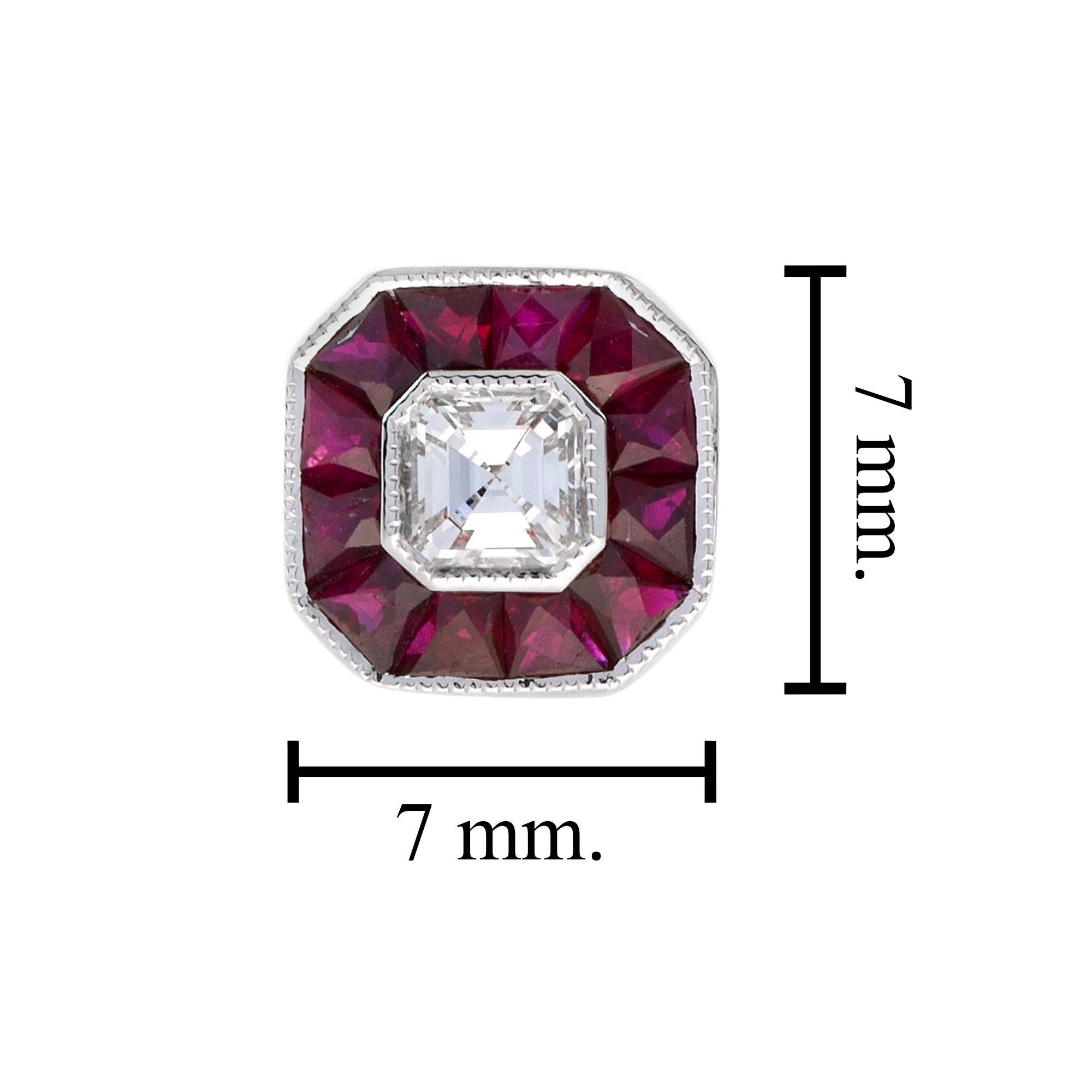 Diamond & Pink Red Ruby Halo Art Deco Style Octagon White Gold Stud Earrings In New Condition For Sale In Oakton, VA