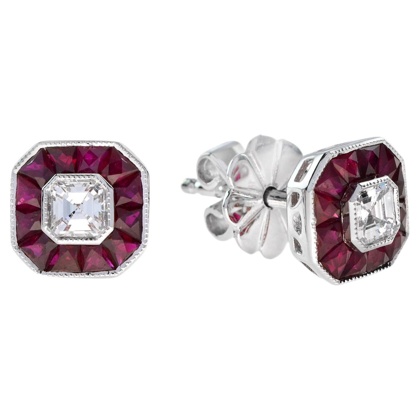 Diamond & Pink Red Ruby Halo Art Deco Style Octagon White Gold Stud Earrings For Sale